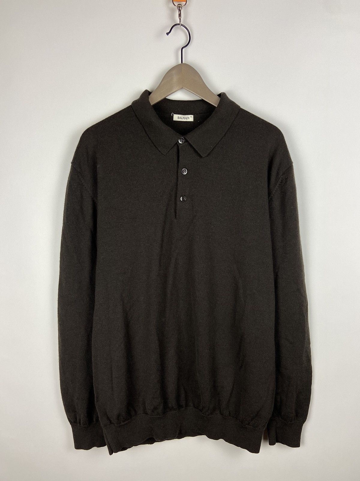 Balmain × Vintage Vintage Balmain Sweatshirt Collared Button Long Sleeve Wool Size US XL / EU 56 / 4 - 1 Thumbnail