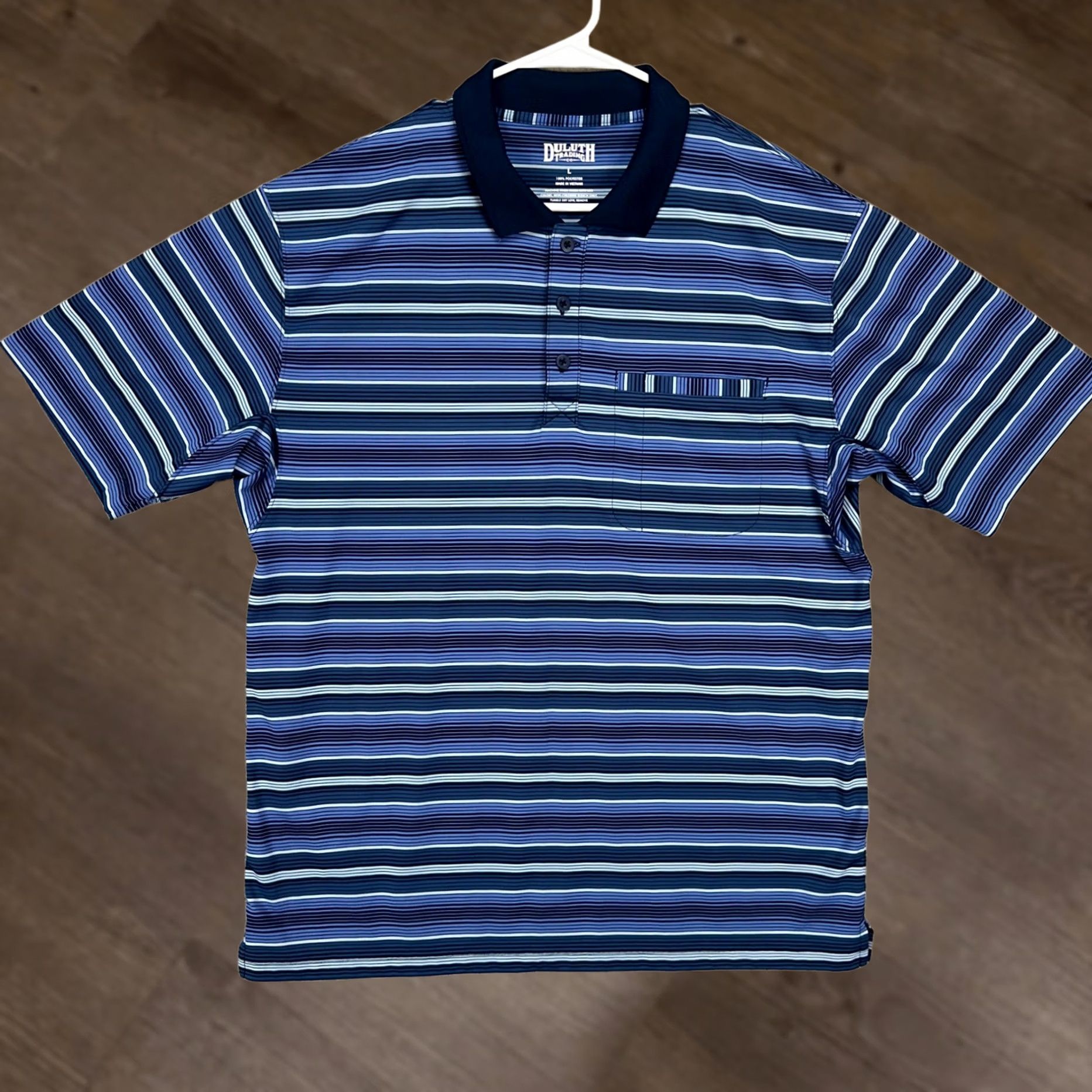 Duluth Trading Company Duluth Trading Co. Polo Shirt Mens Large Navy Blue Striped Short Sleeve Rugby Sanded Polyester Breathable Casual Outdoor Walking Comfort Mens Size US L / EU 52-54 / 3 - 1 Thumbnail