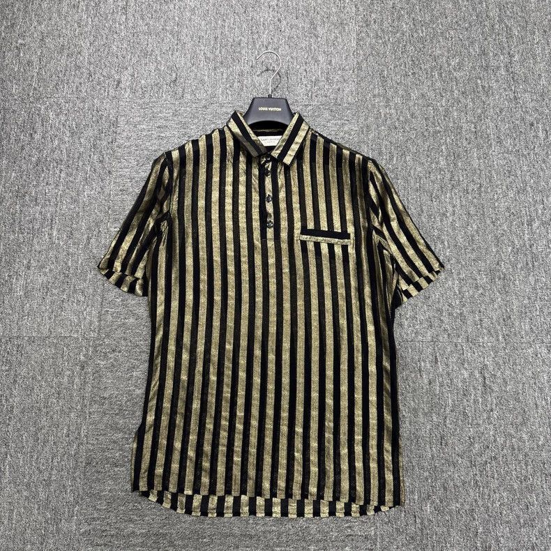 Saint Laurent Paris Saint Laurent Paris Black and Gold Striped Silk Short Slee Size US M / EU 48-50 / 2 - 1 Thumbnail