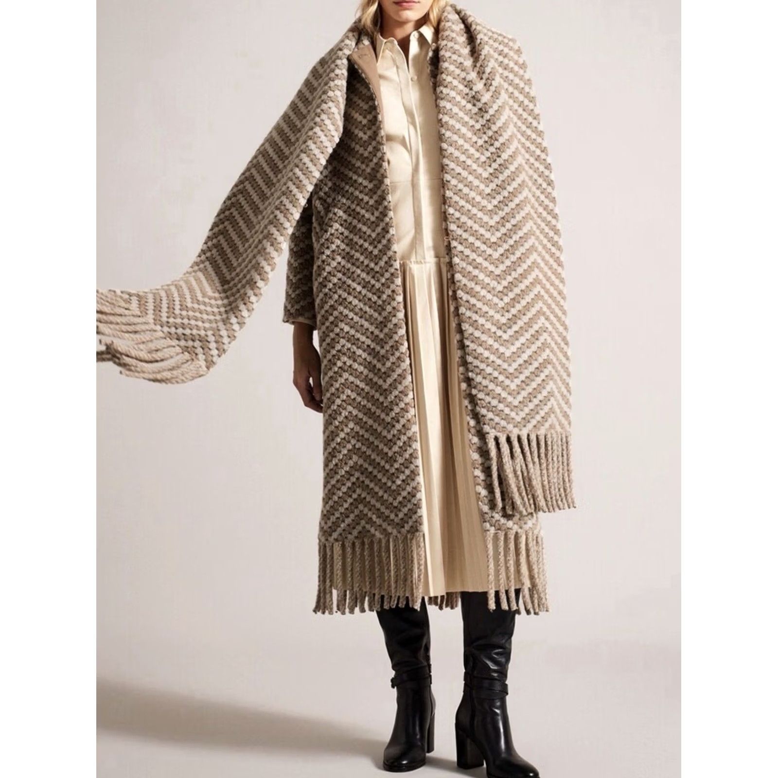 Ted Baker Ted Baker Coat | Beige & Cream Twill Knit Scarf Coat | NWT | Size 2 UK 10 | Women | Wool Mix | Regular | Black Multi Size XS / US 0-2 / IT 36-38 - 5 Thumbnail