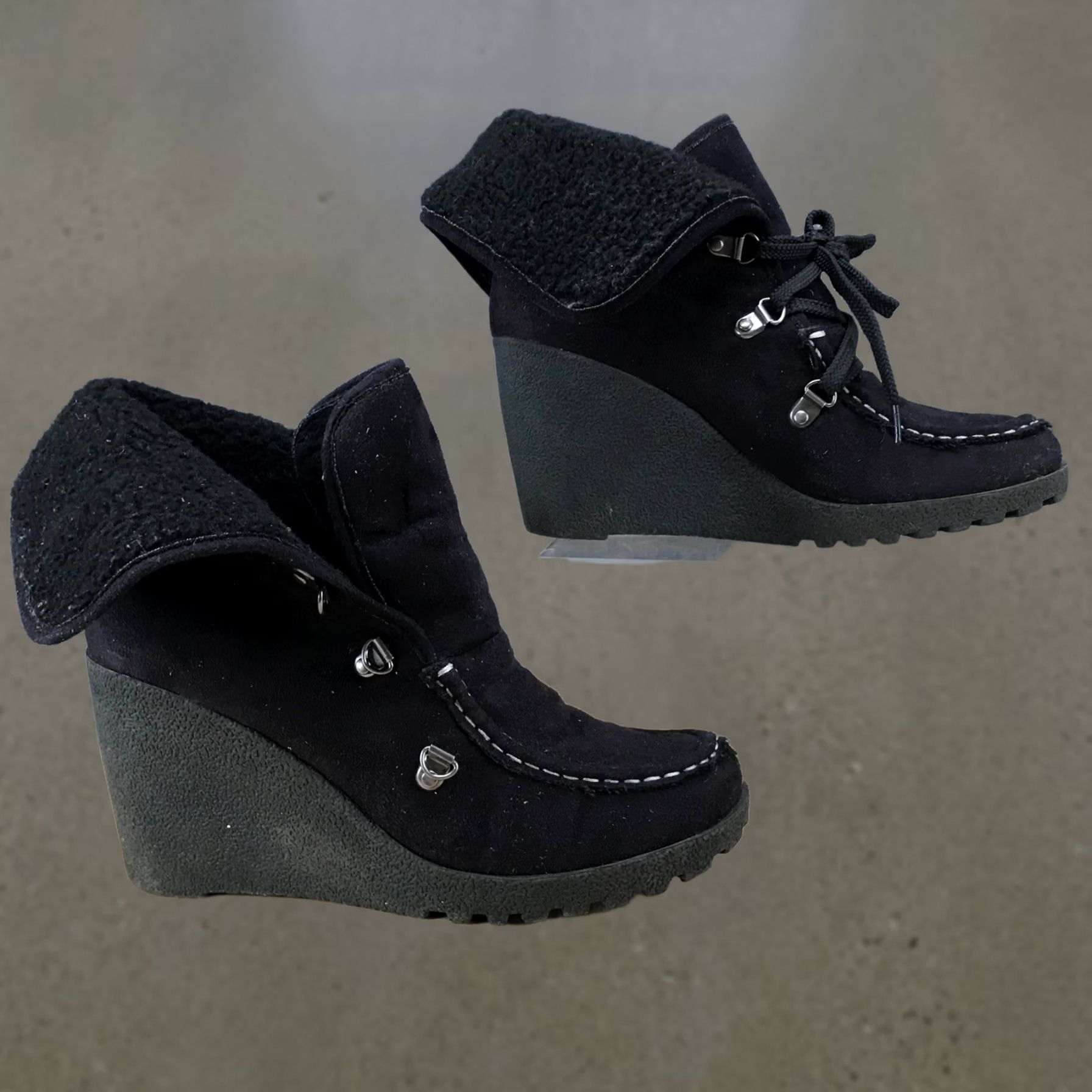 Vintage Unionbay Boots Womens 7.5 M Pike Ankle Booties Lace Up Wedge Heels Black Fabric Size US 8 / IT 38 - 1 Thumbnail