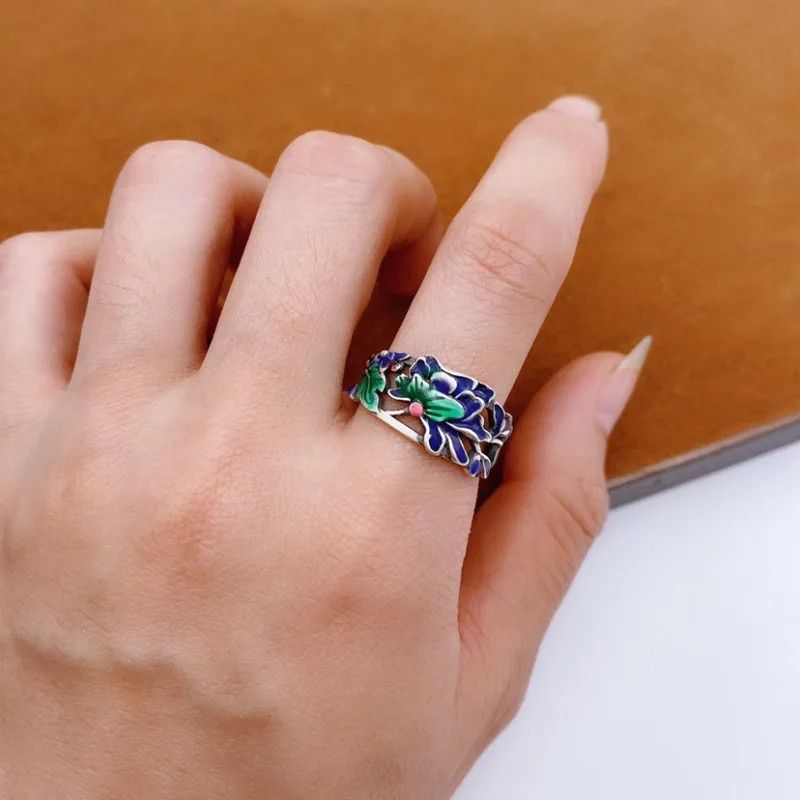 Jewelry Blue Green Enamel Craft Peony Flower Rings` Size ONE SIZE - 2 Thumbnail