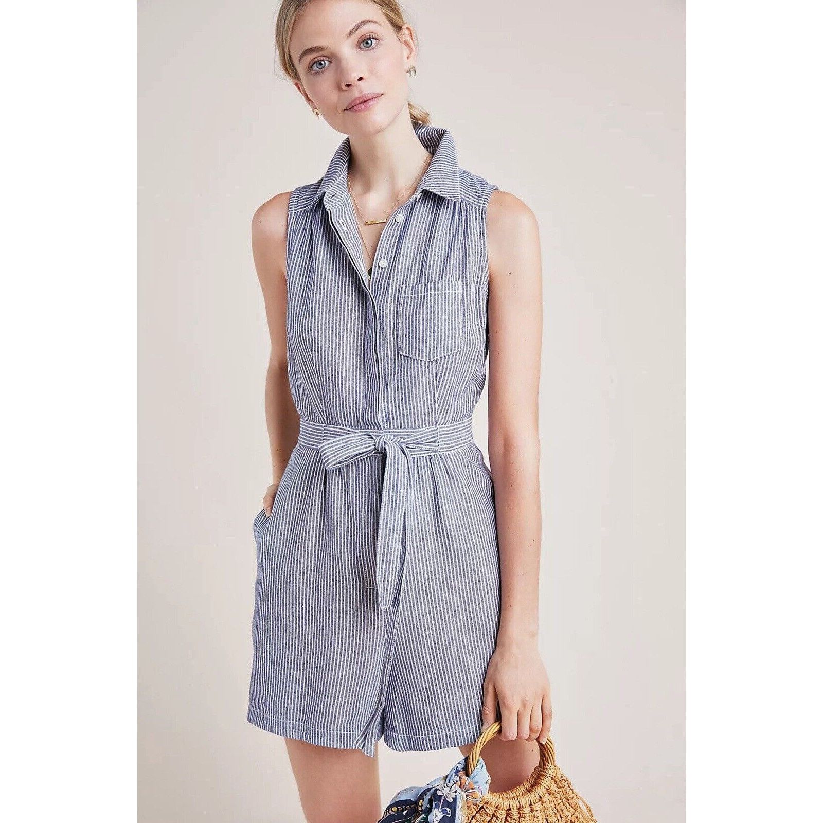 Anthropologie Anthropologie Collared Jumpsuit Shorts Cotton Linen US 4 Size 27" / US 4 / IT 40 - 14 Thumbnail