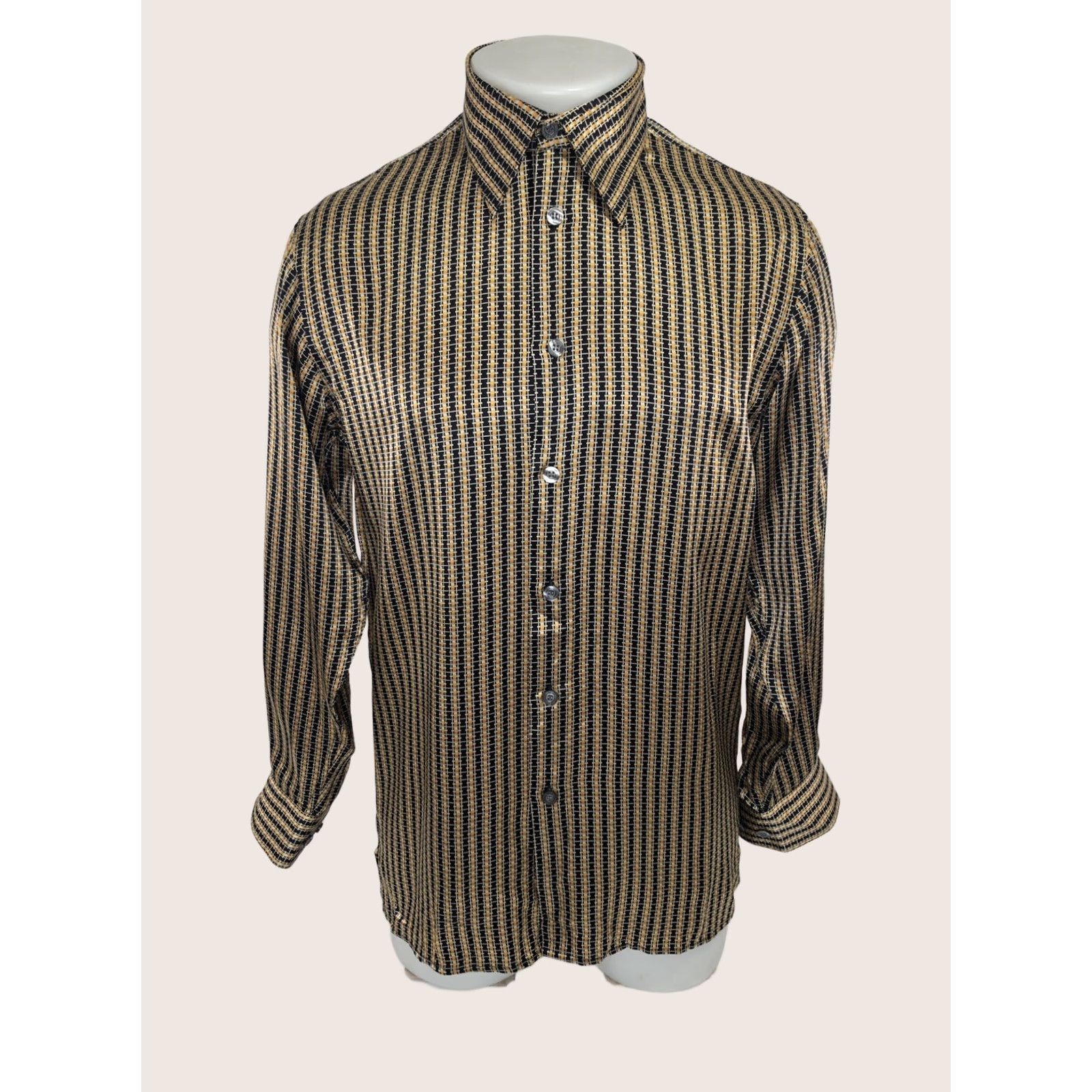 Vintage BERNINI PLATINUM Silk Geometric Stripe S Shirt Mens Long Sleeve Button-Up Black / Gold / Beige Size US S / EU 44-46 / 1 - 1 Thumbnail