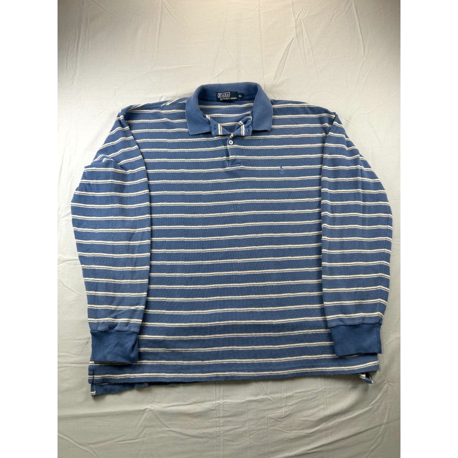 Polo Ralph Lauren Polo Ralph Lauren Polo Shirt Mens XL Blue Striped Long Sleeve Waffle Knit Size US XL / EU 56 / 4 - 2 Thumbnail