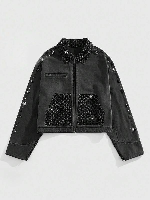 Japanese Brand Black Washed Jeans Jacket with Rhinestone Detail Size US M / EU 48-50 / 2 - 1 Thumbnail
