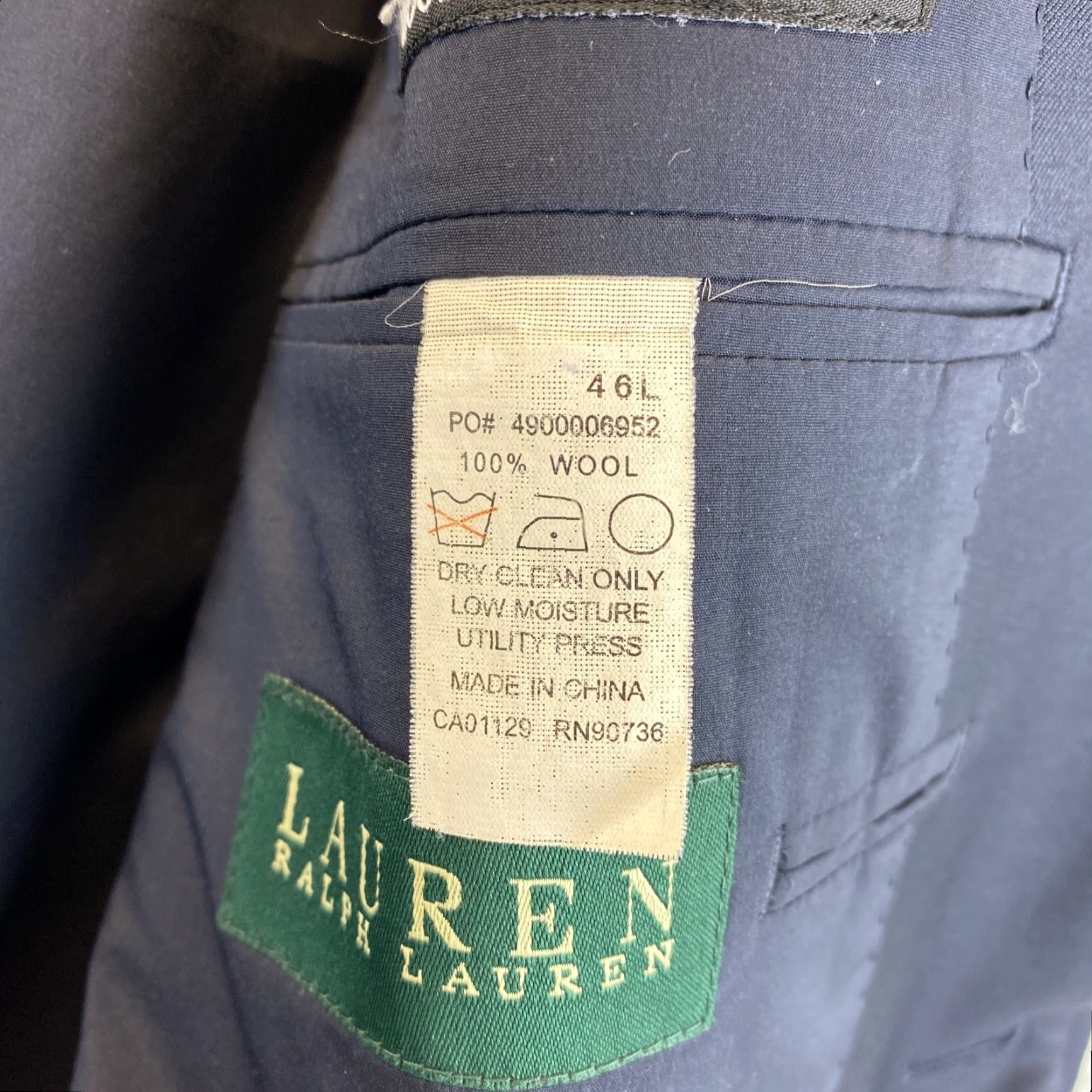 Ralph Lauren RALPH LAUREN Mens 46 L Suit Jacket Navy 100% Wool / 71-44 Two-Button Gold Single-Breasted Notch Lapel Long Coat/Cut Regular Fit Vintage No Size 46R - 7 Thumbnail
