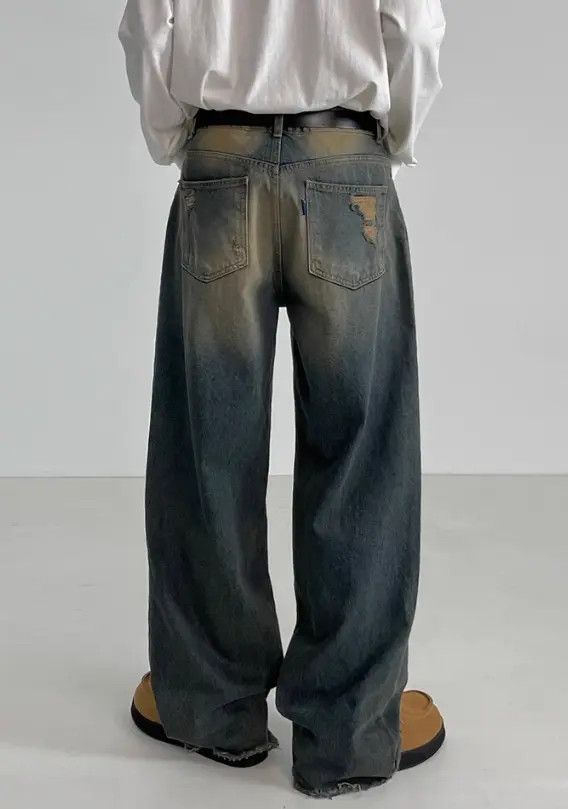 Japanese Brand Distressed washed men's loose retro straight jeans Size US 32 / EU 48 - 5 Thumbnail