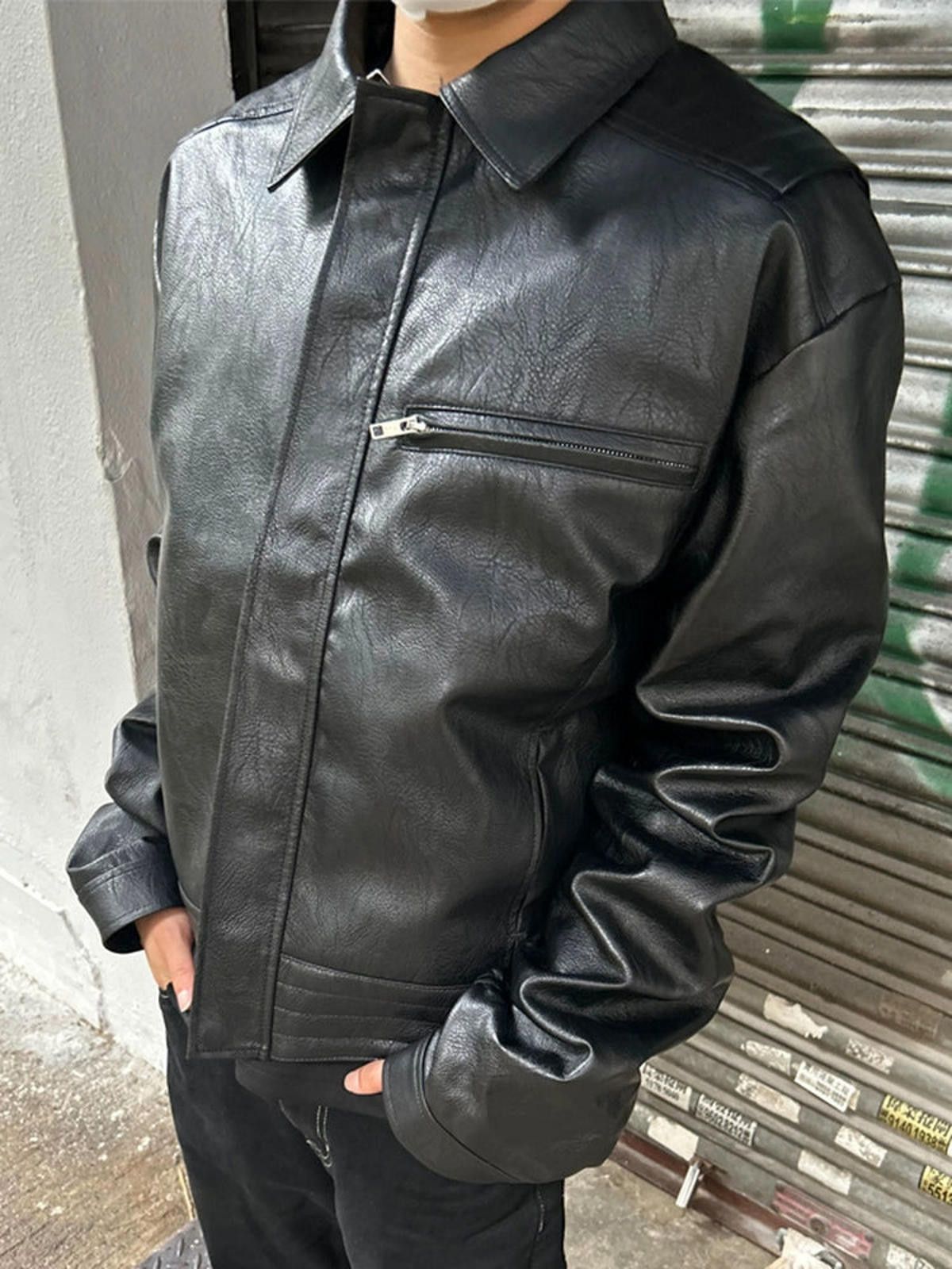 Japanese Brand Black Classic Fit Faux Leather Jacket, Motorcycle Outerwear Size US XL / EU 56 / 4 - 2 Thumbnail