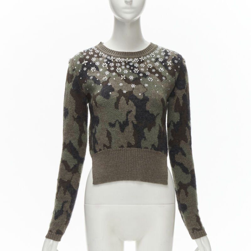 Giambattista Valli GIAMBATTISTA VALLI 2021 green camo crystal embellished cropped sweater IT38 XS Size XS / US 0-2 / IT 36-38 - 1 Thumbnail