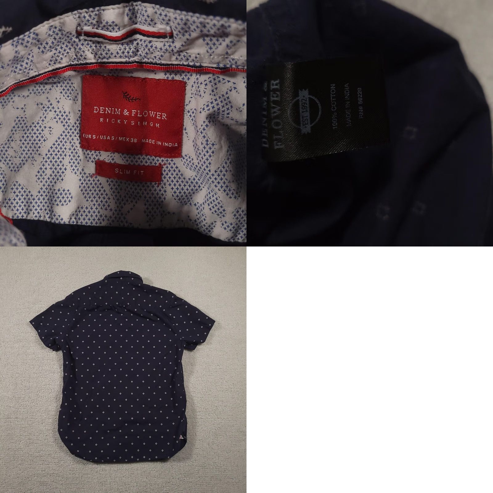 Denime Denim & Flower Shirt Mens Small Slim Fit Short Sleeve Button-Up Pattern Geometric Navy Blue Casual Size US S / EU 44-46 / 1 - 8 Thumbnail