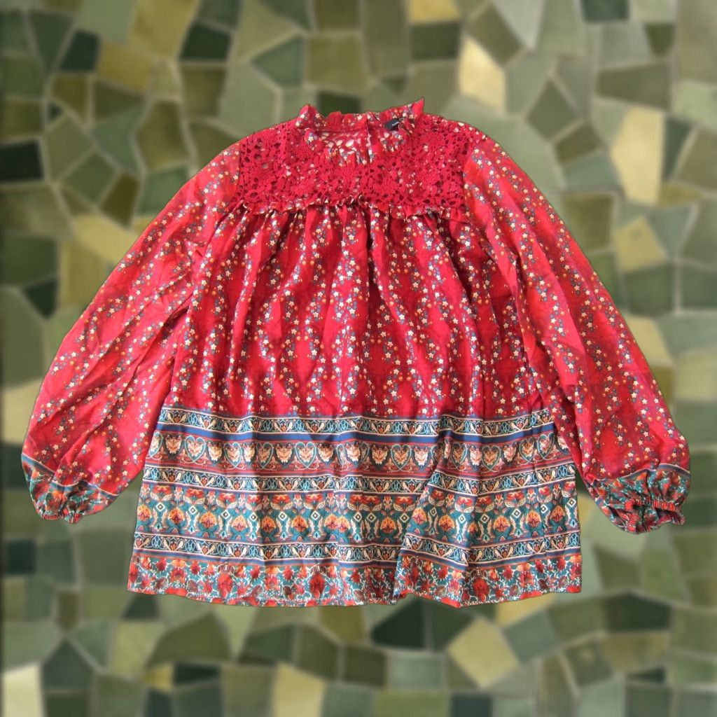 Vintage Suzanne Betro Red Floral Bird High Neck Long Sleeve Ruffle Blouse XL Women’s Blouse Size XL / US 12-14 / IT 48-50 - 1 Thumbnail