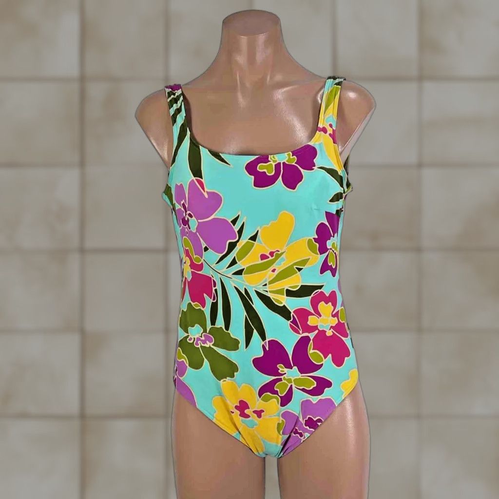 VINTAGE Lands' End Swimsuit One Piece Floral Bathing Suit 1980s
