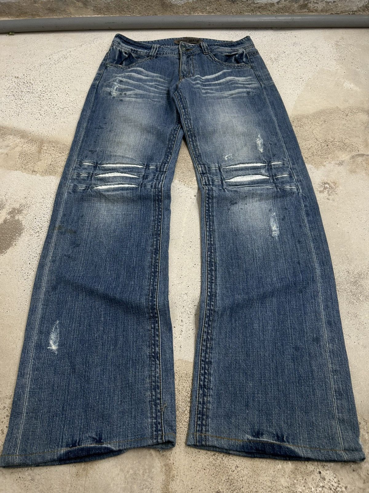 Japanese Brand Cook Jeans Baggy Distressed Denim Knee Panel Whisker Stacked Size US 31 - 1 Thumbnail