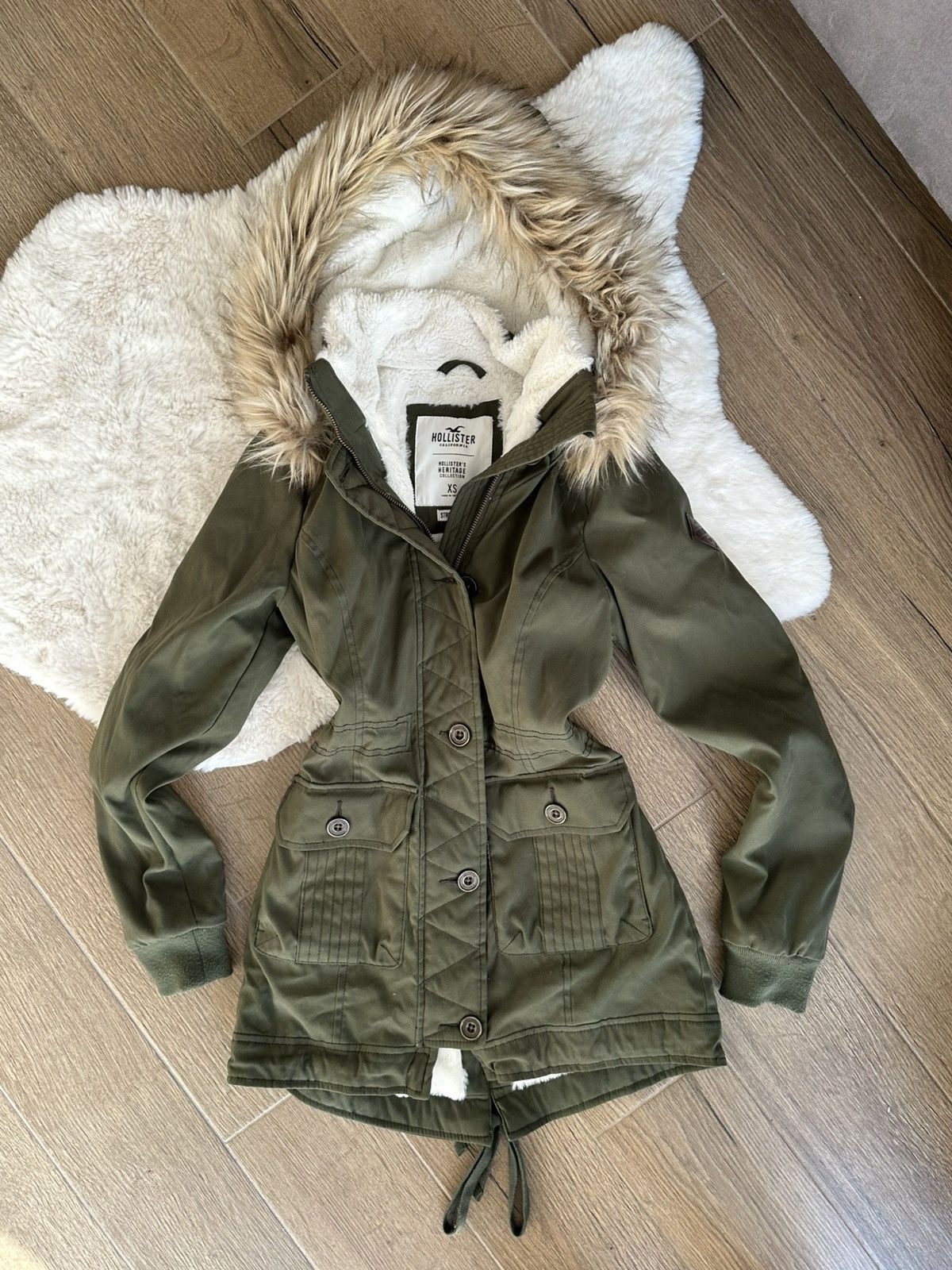 Y2k Hollister Khaki Parka Coat Streetwear Fur Jacket