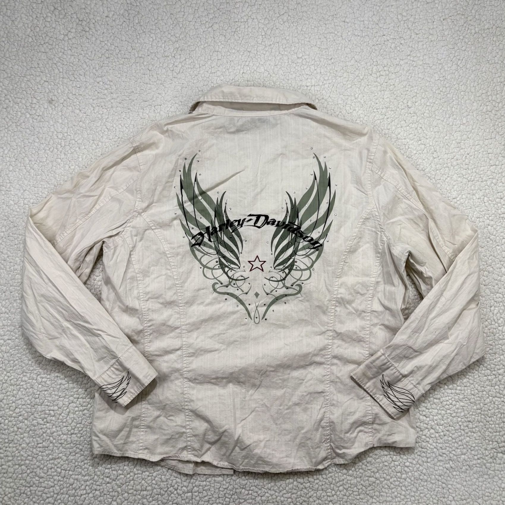 Harley Davidson Harley-Davidson Button-Up Shirt Womens 1X Plus Ivory Cotton Spandex Embroidered Rhinestone Size XL / US 12-14 / IT 48-50 - 2 Thumbnail