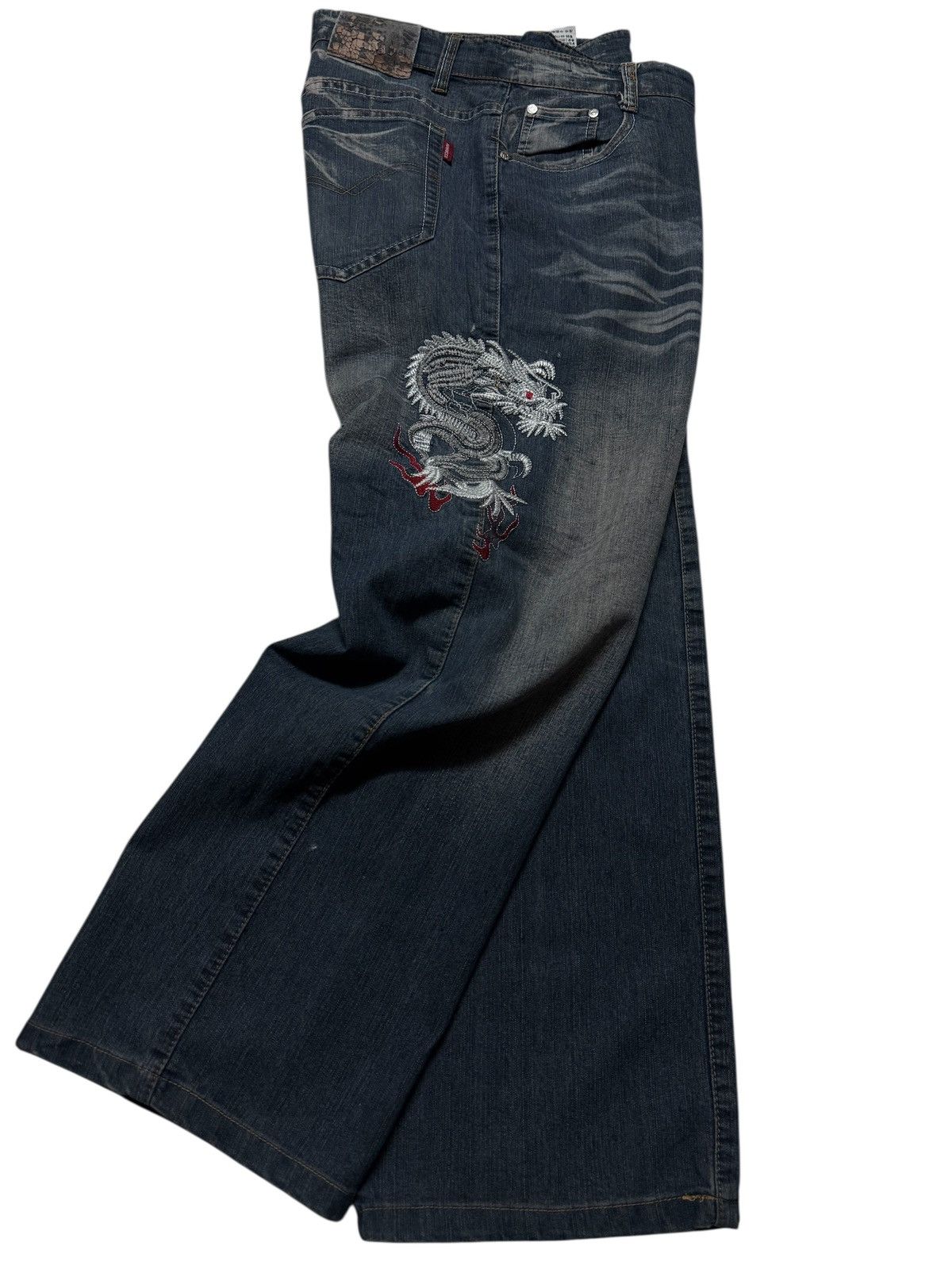 💥WIDE💥JAPANESE TATTOO DRAGON EMBROIDERY BAGGY JEANS RARE