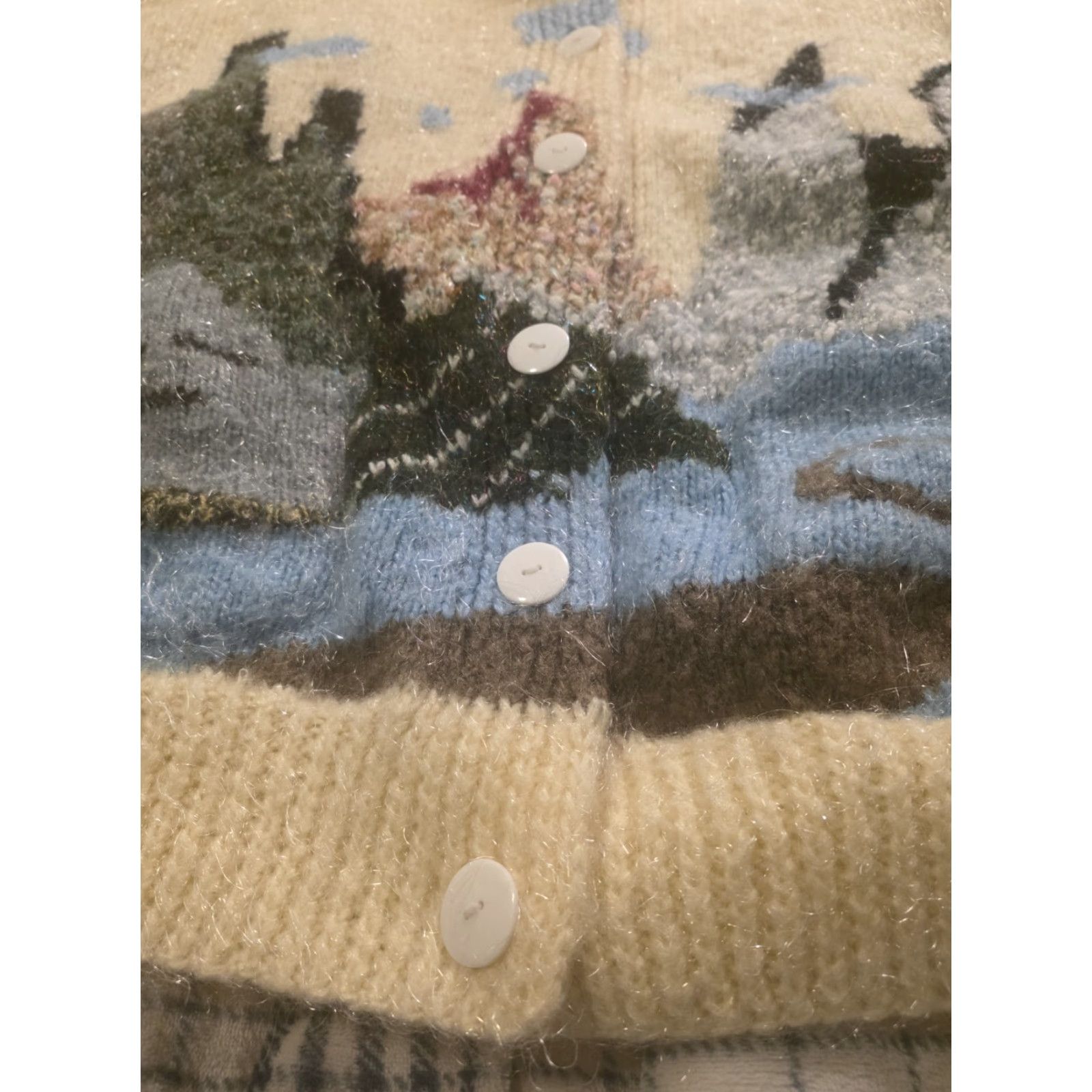 Vintage Vtg 70s Hand Knit Fuzzy Acrylic Cardigan Sweater Mountain Landscape Womens Large Size M / US 6-8 / IT 42-44 - 6 Thumbnail