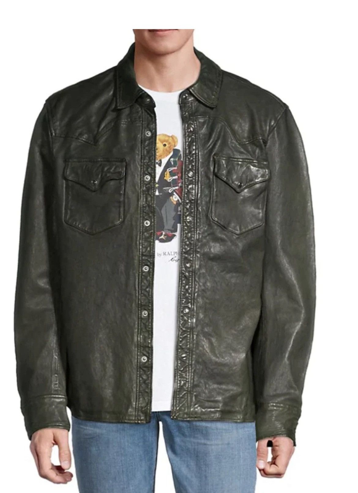 Ralph Lauren Washed Olive Green Leather Shirt Jacket SMALL Size US S / EU 44-46 / 1 - 17 Thumbnail