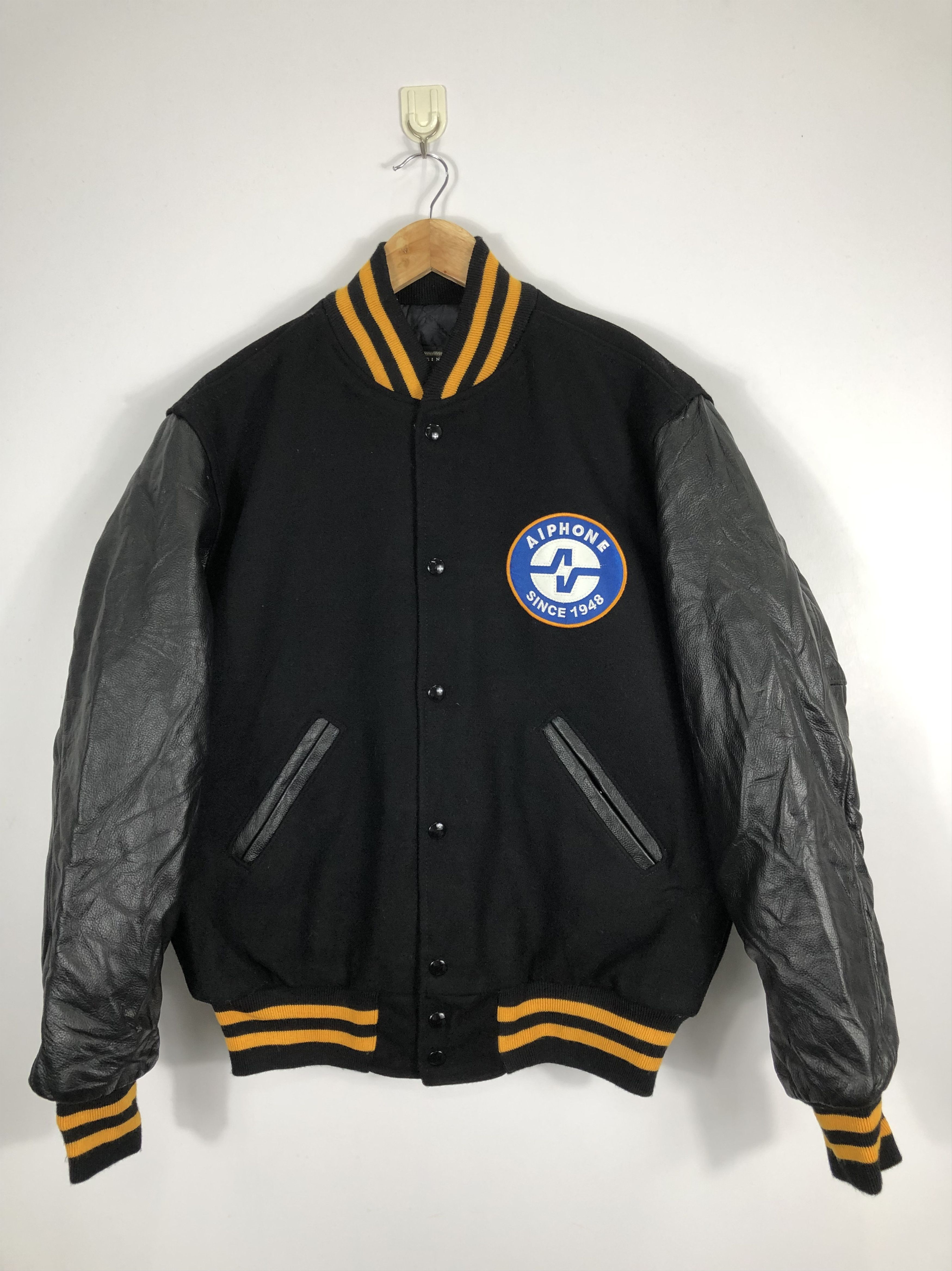 image of Vintage 90's Holloway Aiphone Varsity Jacket Sleeve Leather in Black, Men's (Size Small)
