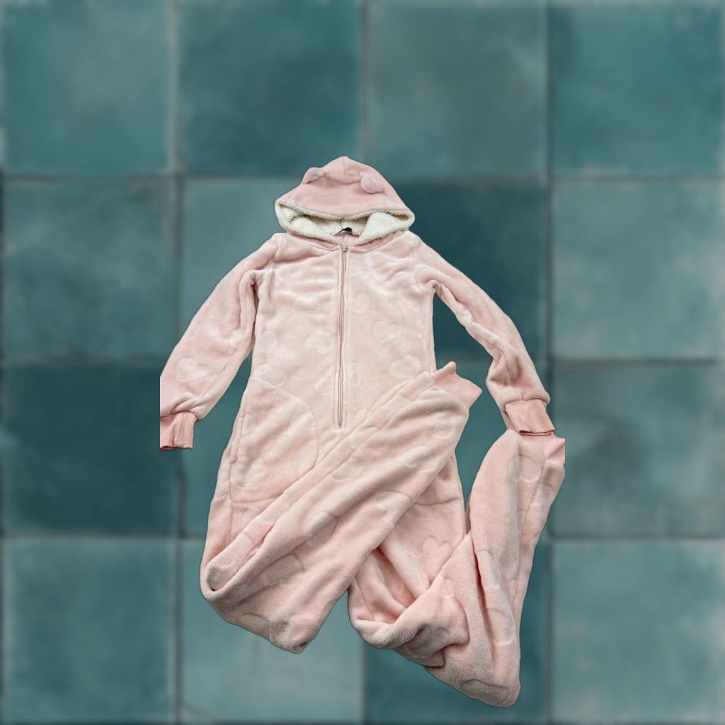 Vintage Hunkemoller Pajamas Womens XS Pink Fleece Hooded Hearts Loungewear One-piece Size ONE SIZE - 1 Thumbnail