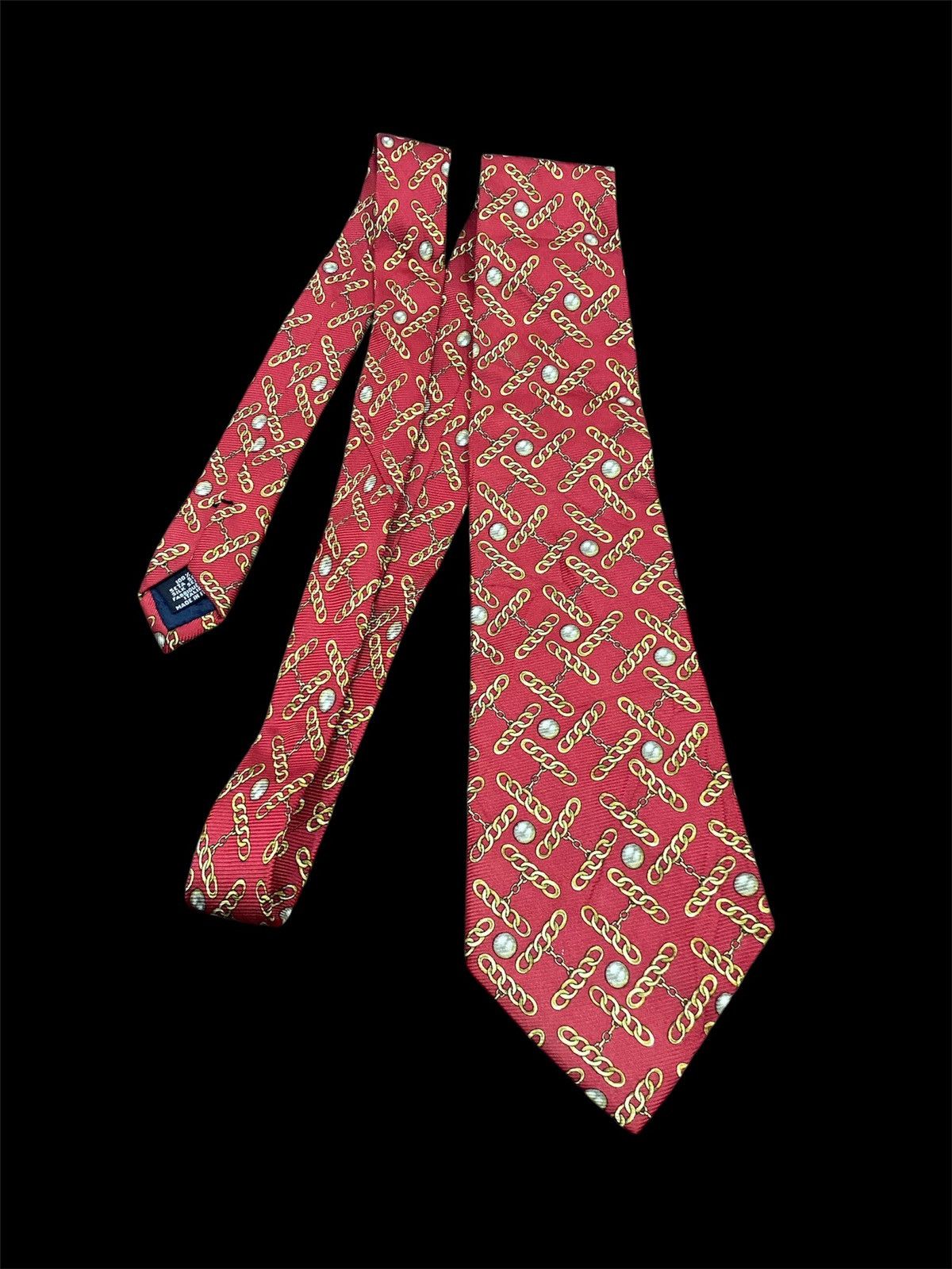 Chanel Paris Silk Tie Red Gold Chain Pearl Print Logo Design