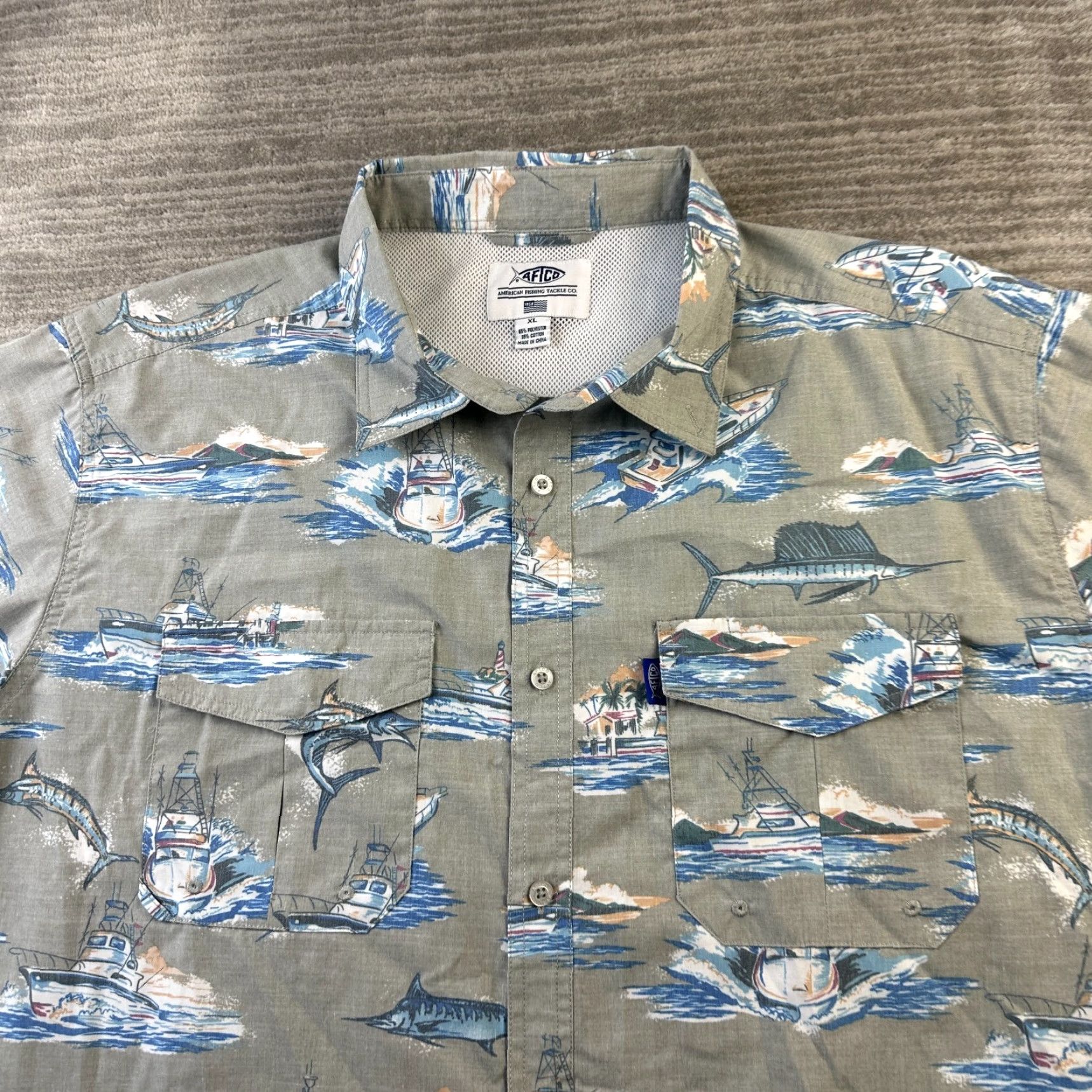 Vintage AFTCO Shirt Mens XL Gray Button-Up Vented Outdoor Breathable Pockets Short Sleeve Cotton Polyester Marlin Fishing Casual Formal Vintage No Size US XL / EU 56 / 4 - 3 Thumbnail