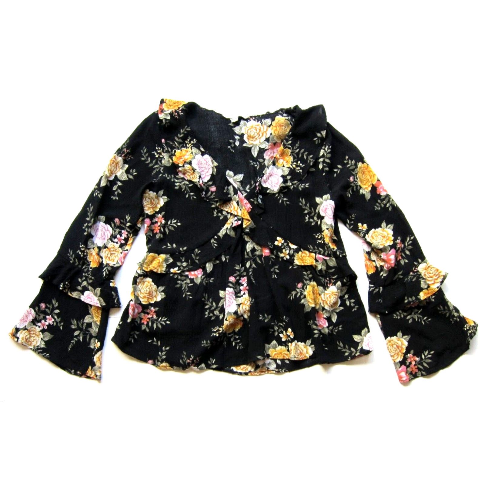 American Eagle Outfitters American Eagle Outfitters Blouse VNeck Long Sleeve Ruffle Peasant Rayon Black S Womens Size S / US 4 / IT 40 - 2 Thumbnail