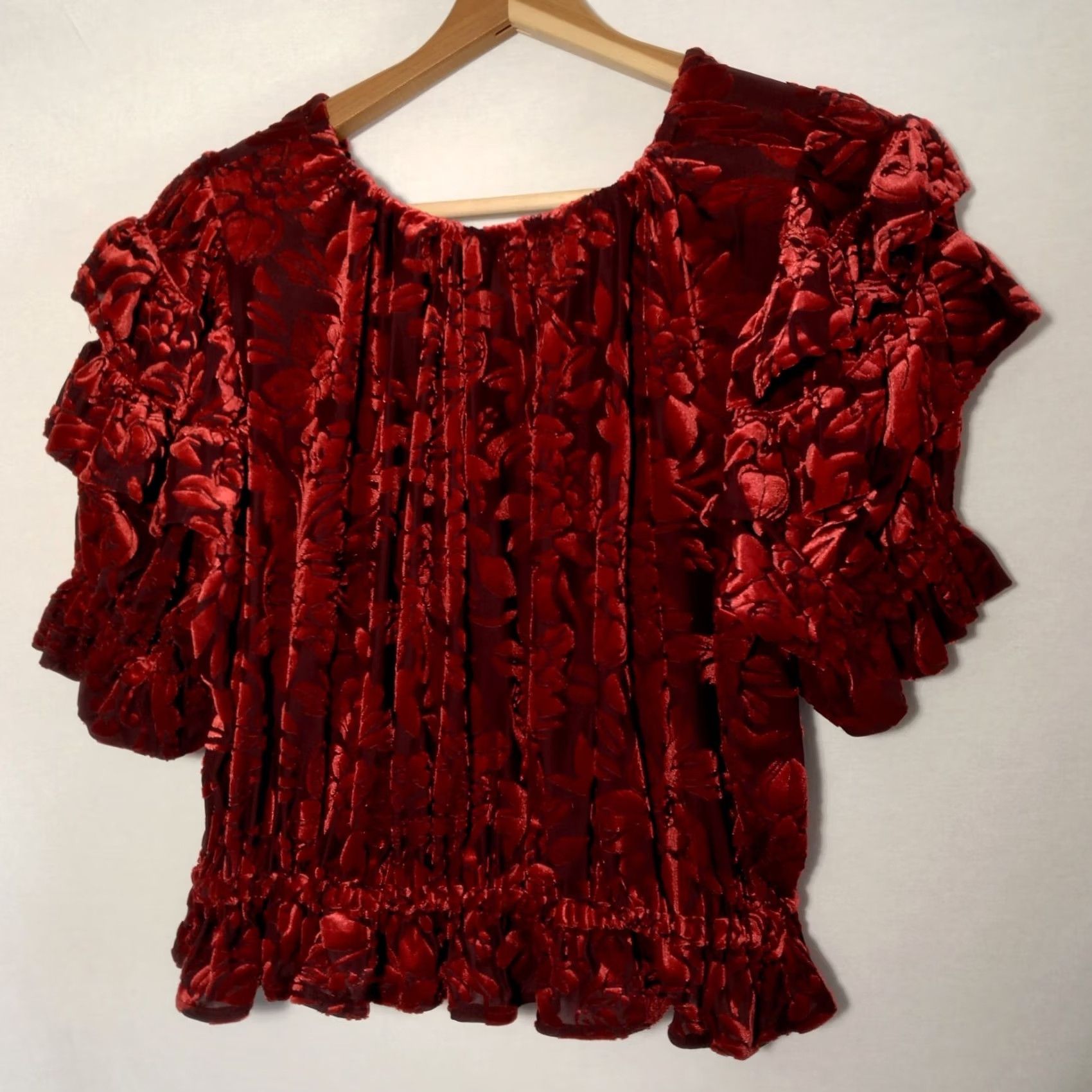 Free People Free People Shirt S Red Floral Velour Crop V-Neck Puff Sleeve Ruffle Velveteen Dream Blouse Size S / US 4 / IT 40 - 5 Thumbnail