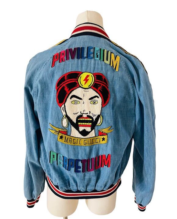 image of Gucci Magic Privilegium Perpetuum Denim Bomber Jacket, Men's (Size Small)