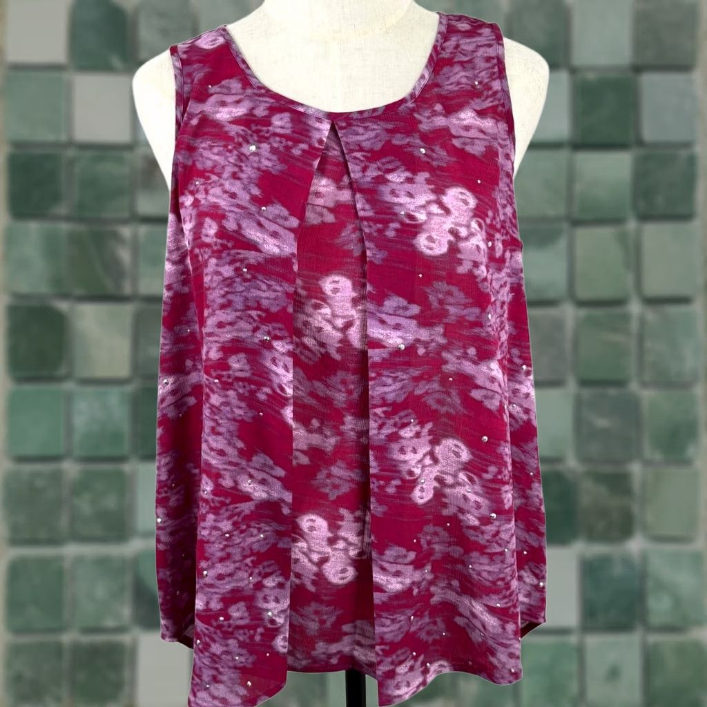 Juicy Couture Juicy Couture Blouse Sleeveless Round Neck Pink Abstract Floral Rhinestone Sheer M Womens High-Low Hem Summer Casual Party Cocktail (Adult) Womens Size M / US 6-8 / IT 42-44 - 1 Thumbnail