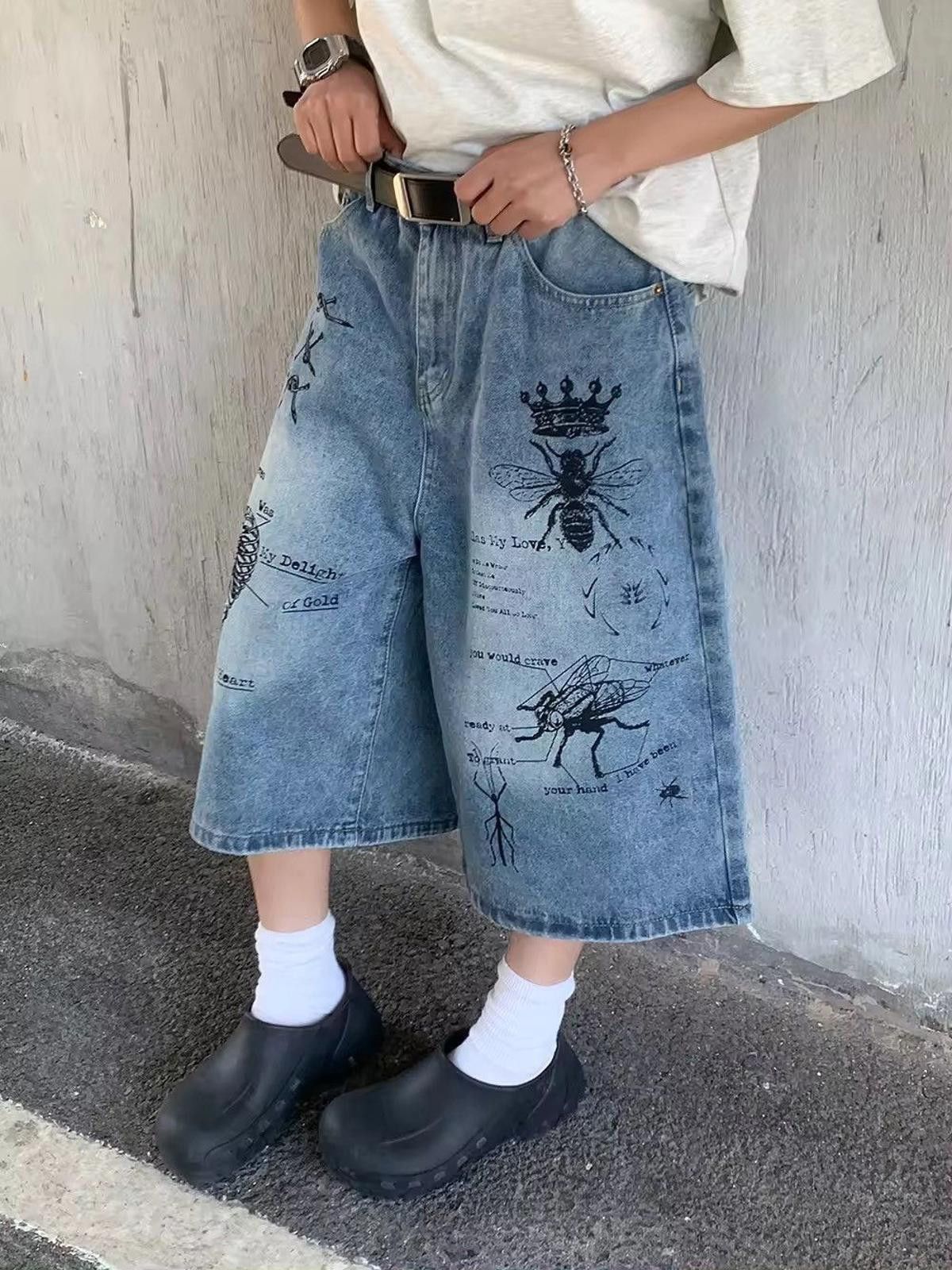 Jean Spider Graphic Denim Wide Leg Jorts, Denim Shorts Size US 32 / EU 48 - 2 Thumbnail