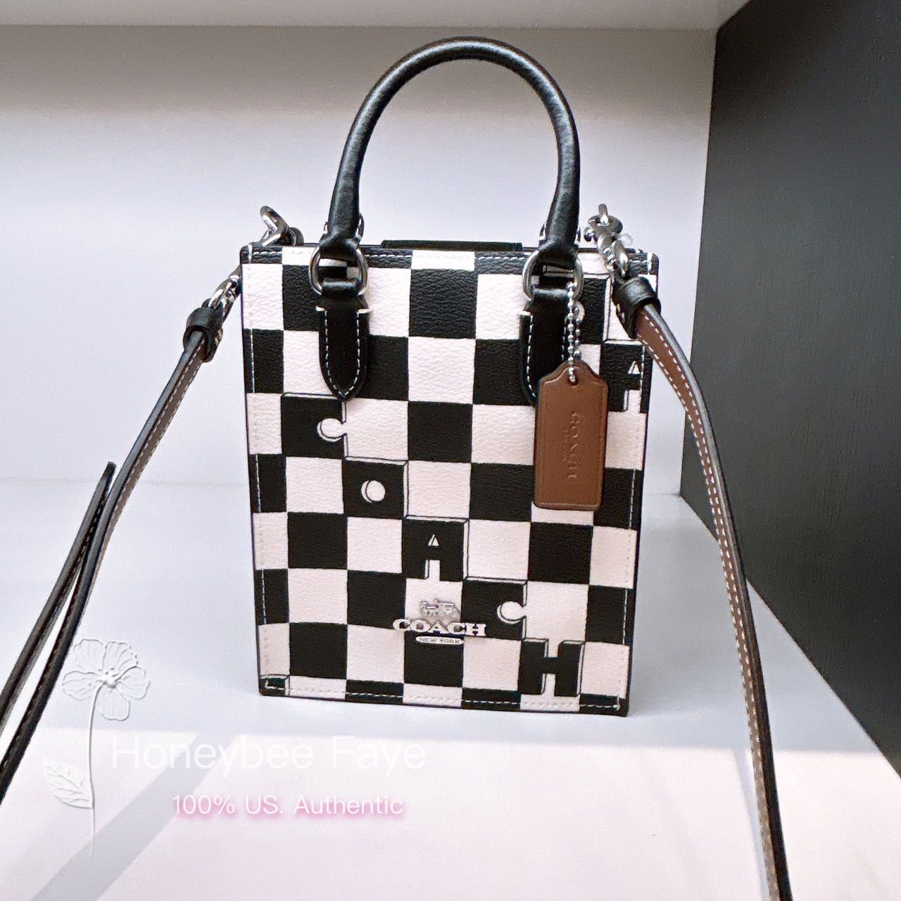 image of Coach North South Mini Tote With Checkerboard Print Cr180 in Silver/Black/Chalk, Women's