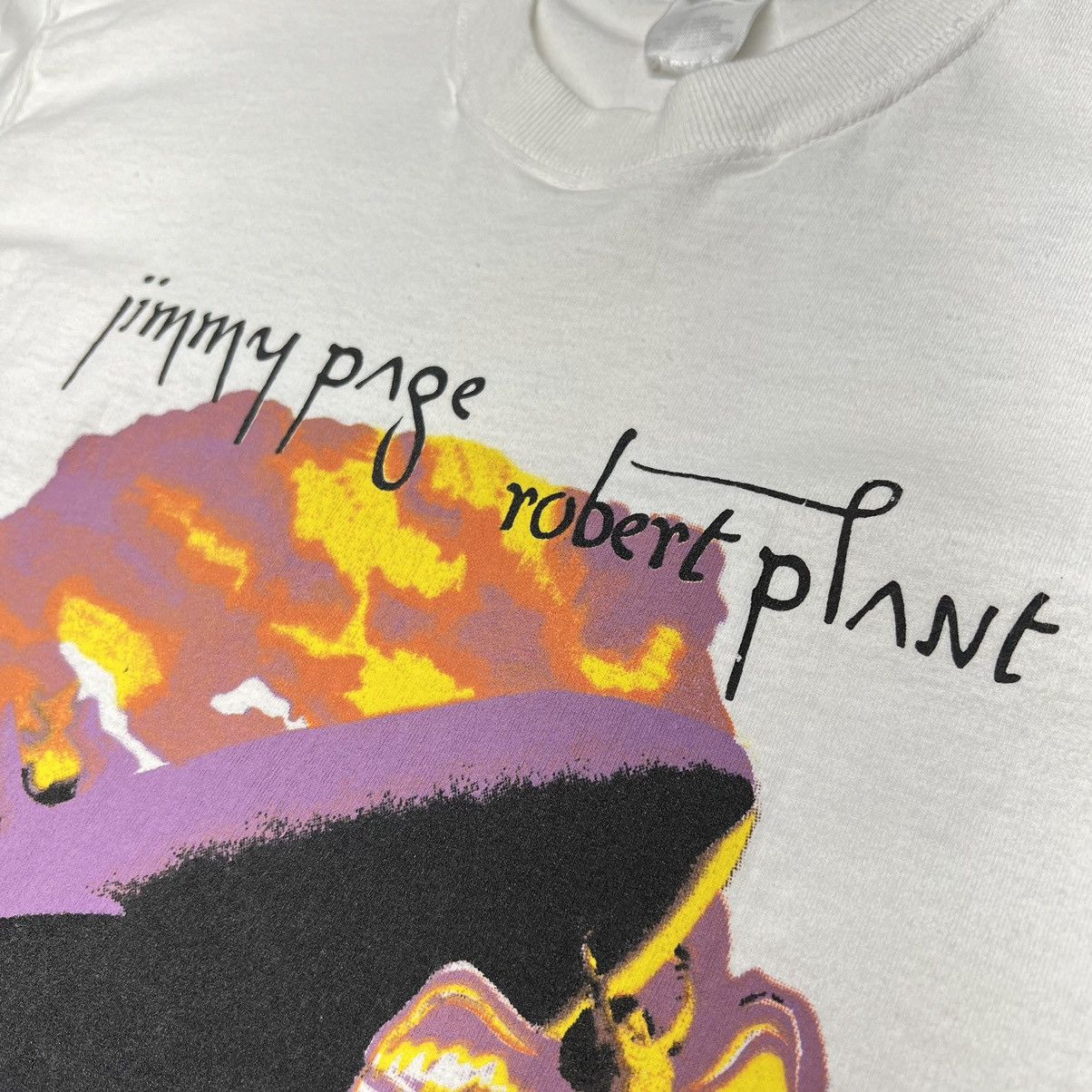 Band Tees × Vintage VTG Jimmy Page Robert Plant Tee Shirt White Tour Unledded Size US L / EU 52-54 / 3 - 5 Thumbnail