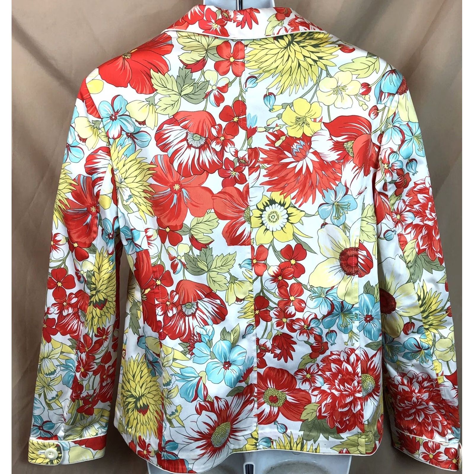 Vintage Valerie Stevens blazer jacket PL red floral 3 button notch collar pockets Career Blazer Women PL Red Floral Jacket Size L / US 10 / IT 46 - 3 Thumbnail