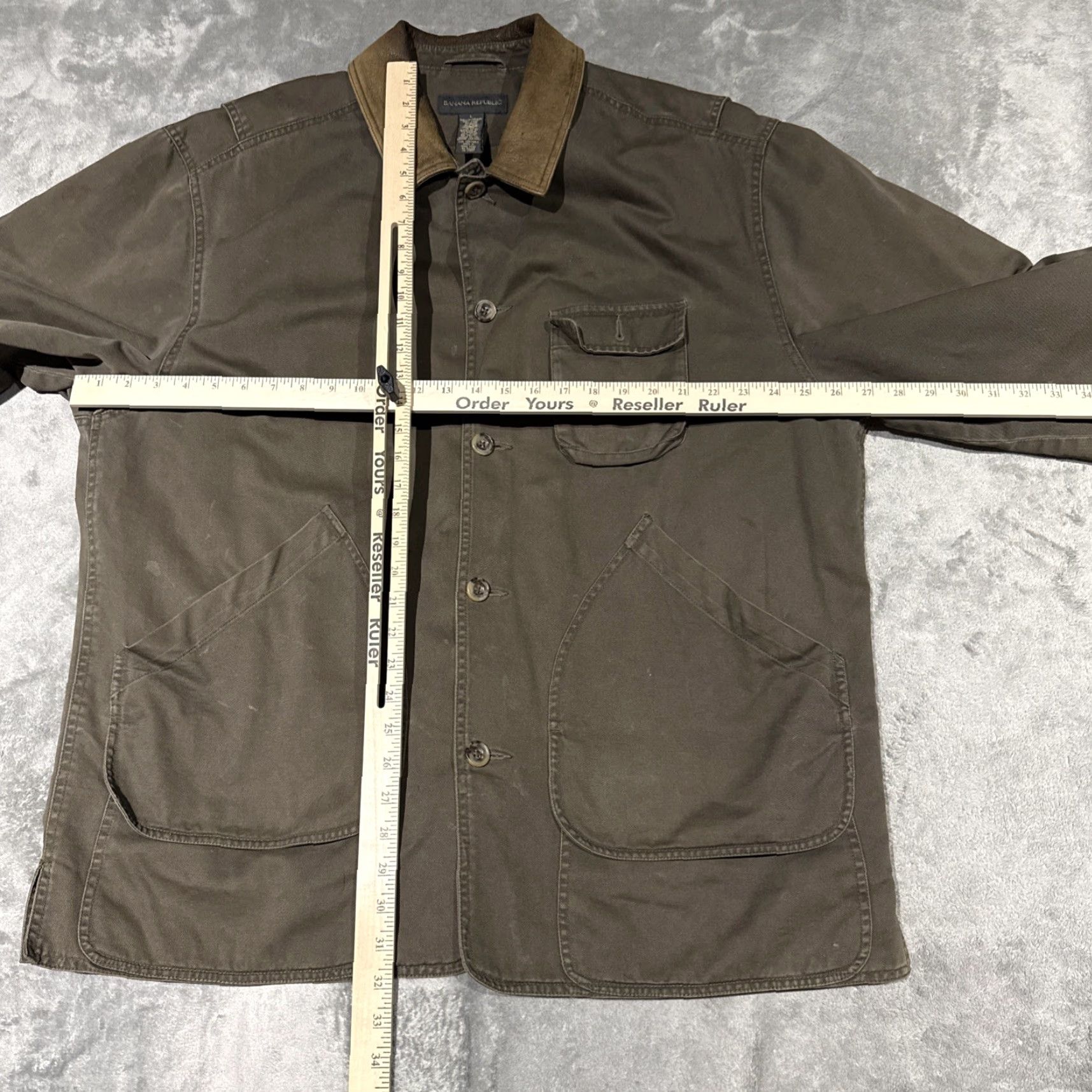 Banana Republic VINTAGE Banana Republic Barn Coat Mens Large Brown Cotton Leather Chore Jacket Overcoat Twill Long Pockets Logo Zipper Button Size US L / EU 52-54 / 3 - 6 Thumbnail