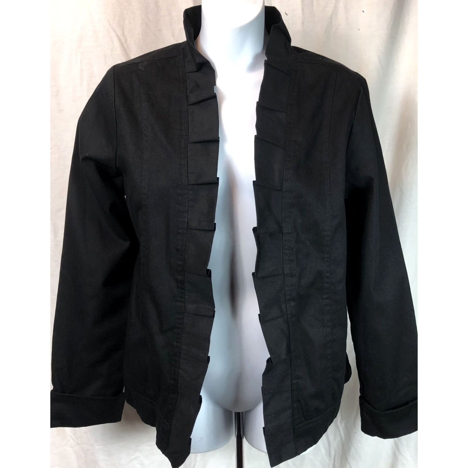 Vintage Life Style Open Front Cardigan M Black Ruffle Front Cuffed Long Sleeve Jacket Women, Career, Work, Casual, Short Sleeve? Size M / US 6-8 / IT 42-44 - 6 Thumbnail