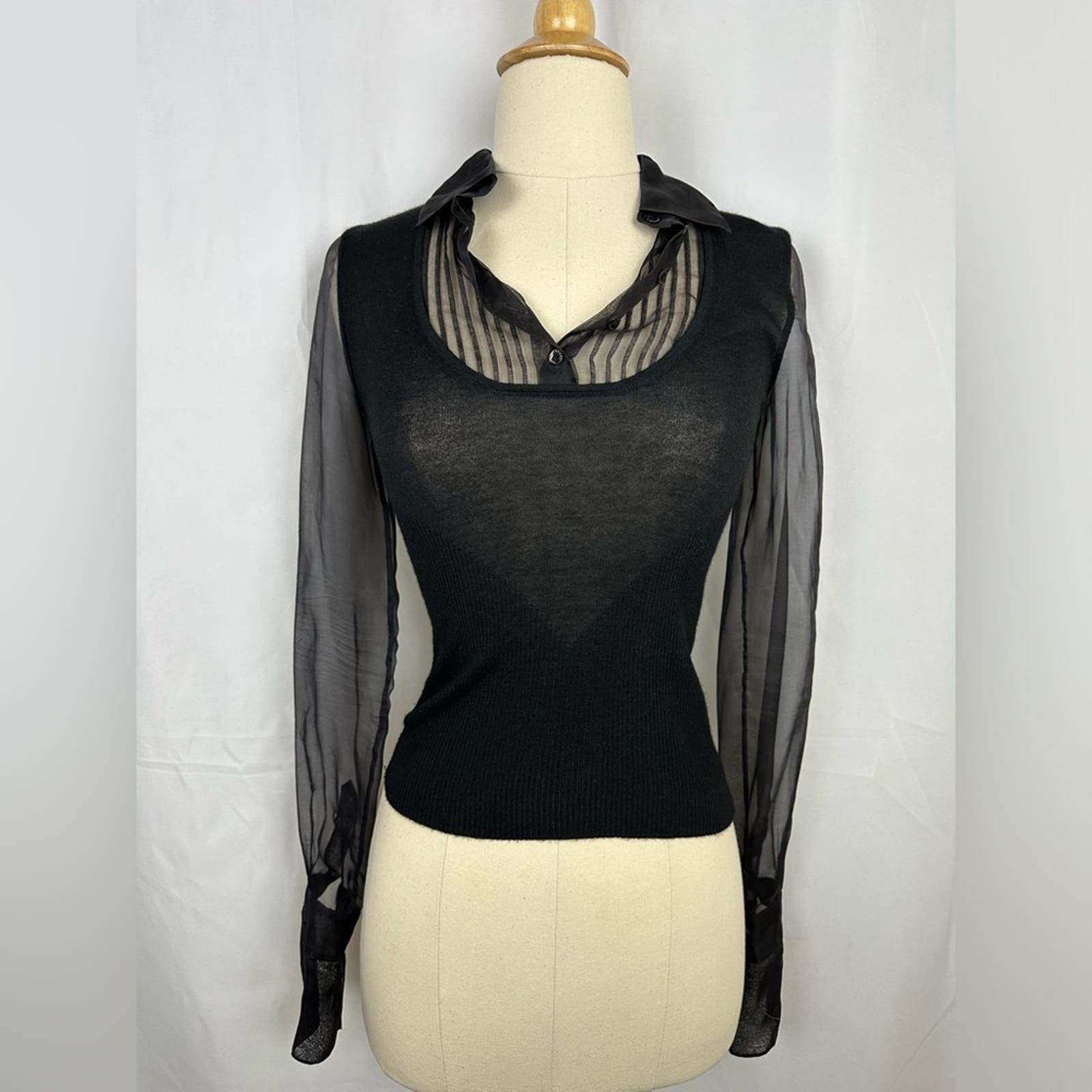 image of Chanel Cashmere & Silk Black Knit Top W/ Silk Sleeves Size 34, Women's