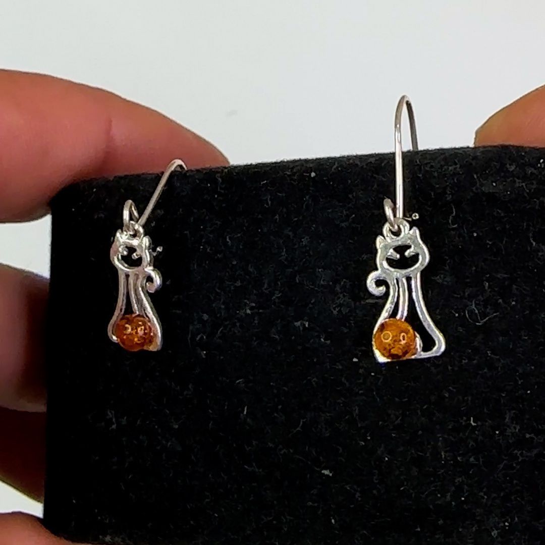 Designer Sterling Silver Petite Baltic Amber Silver Kitten Earrings Size ONE SIZE - 6 Thumbnail