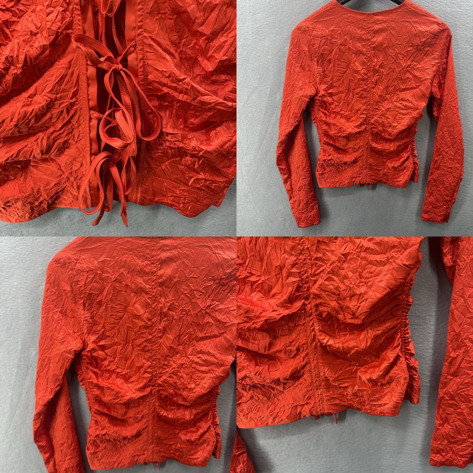 Ganni GANNI Blouse Women's 0 32 Tie Front Crinkled Satin Top Red Long Sleeve V-Neck Lace Up Cropped Blouse Bohemian Designer Style Shirt Womens Size XS / US 0-2 / IT 36-38 - 8 Thumbnail