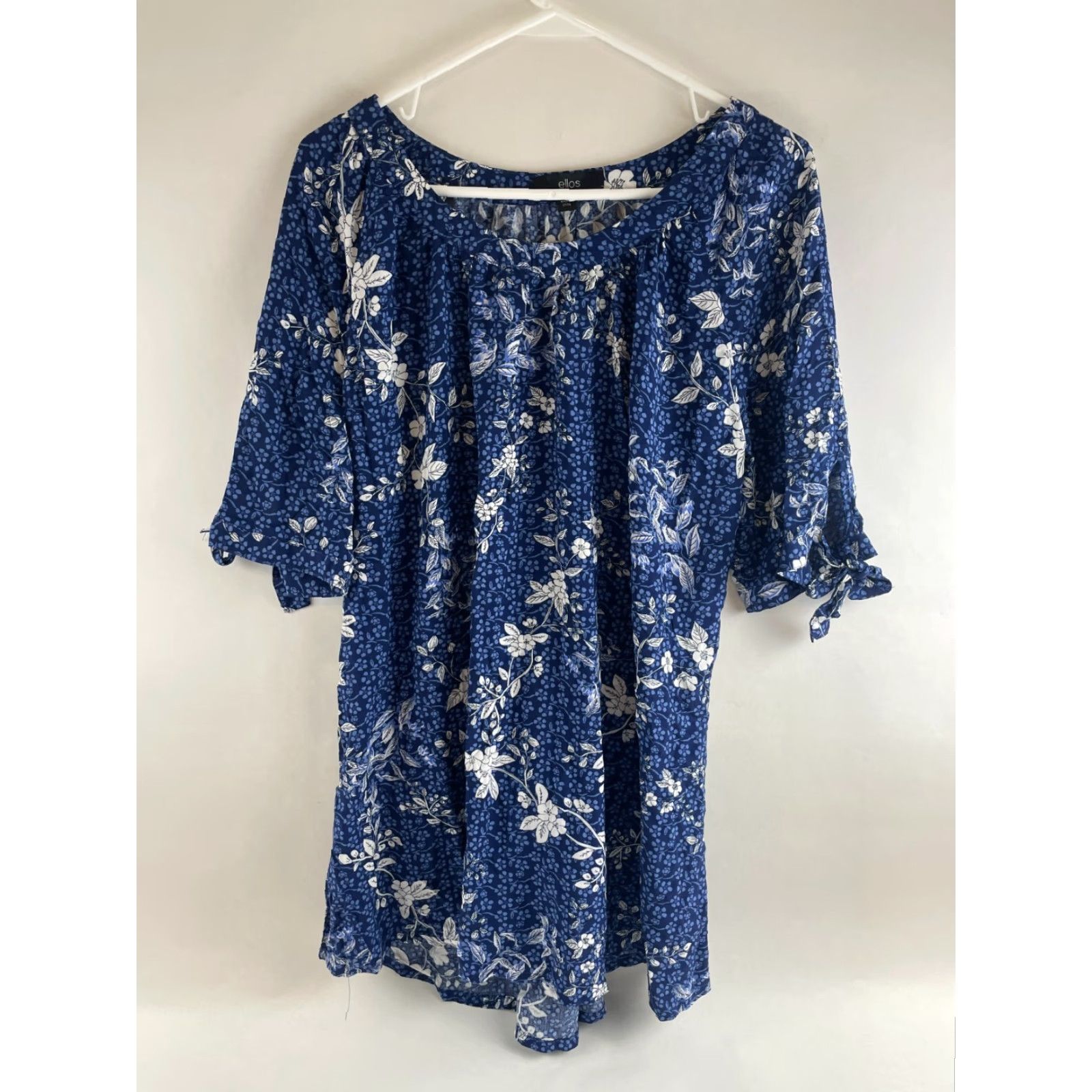 Vintage Ellos Short Dress Women's Size 14 Blue Floral Above Knee Sleeve Hem Tie Boatneck Shirt Dress Womens Size 36" / US 14 / IT 50 - 2 Thumbnail
