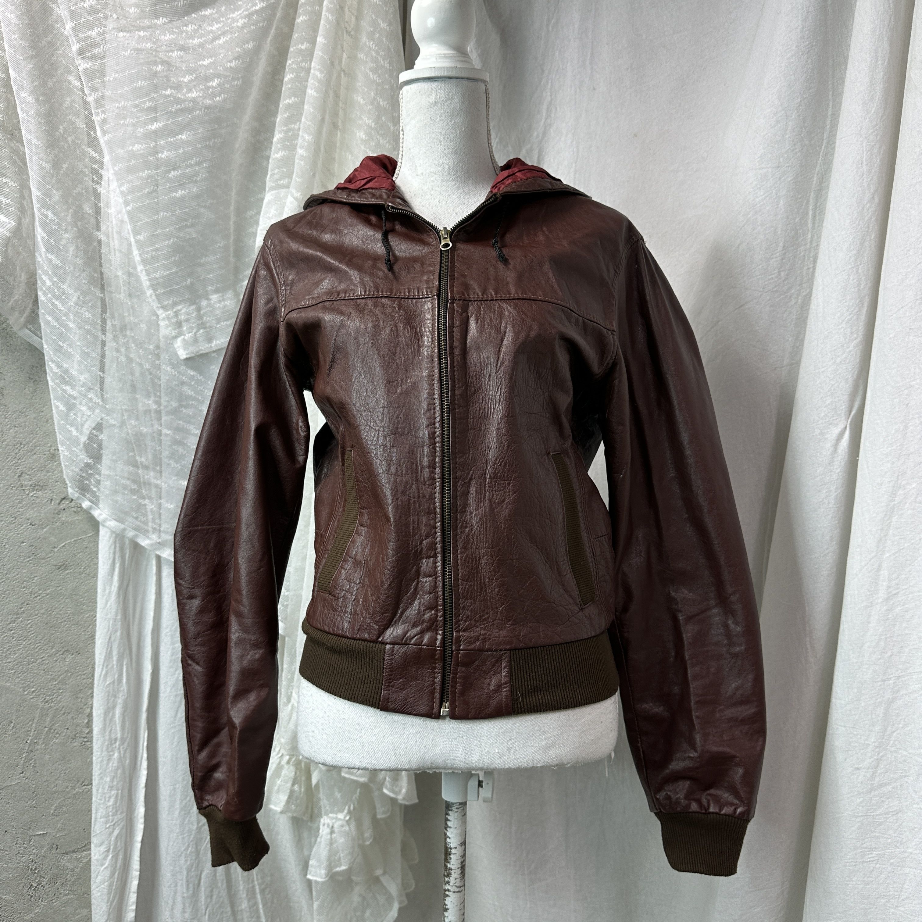 Vintage Vintage Leather Biker Grunge Burgundy Hooded Jacket 90s Size M / US 6-8 / IT 42-44 - 2 Thumbnail