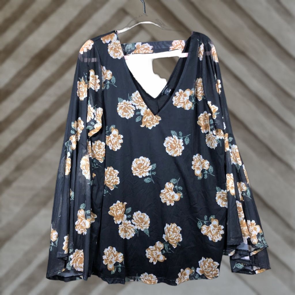 Torrid Torrid Blouse Womens Black Yellow Floral V Neck Sheer Long Sleeve Stretch 2X Year-Round Casual Workwear Ladies Size XXL / US 16-18 / IT 52-54 - 1 Thumbnail