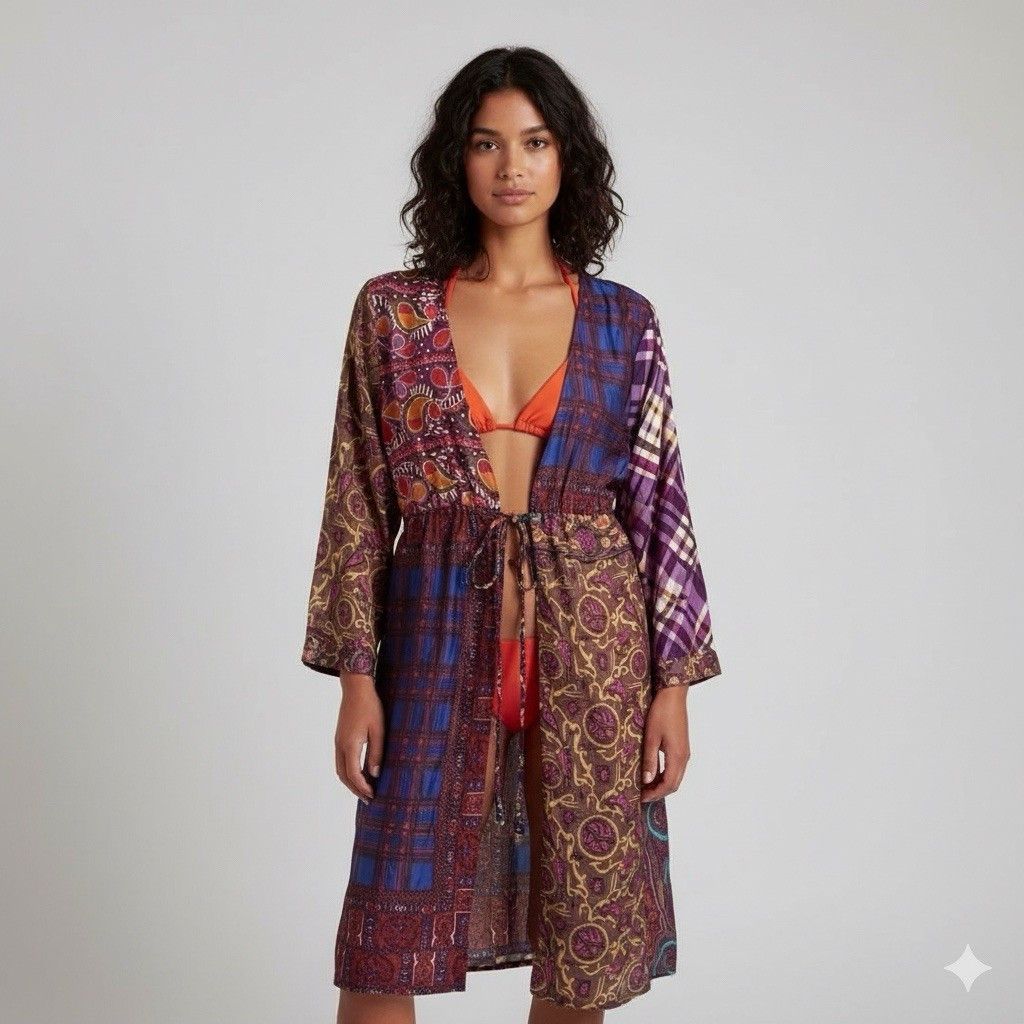 Vintage Vintage Patchwork Upcycled Long Sleeve Robe Swimsuit Coverup Size ONE SIZE - 1 Thumbnail
