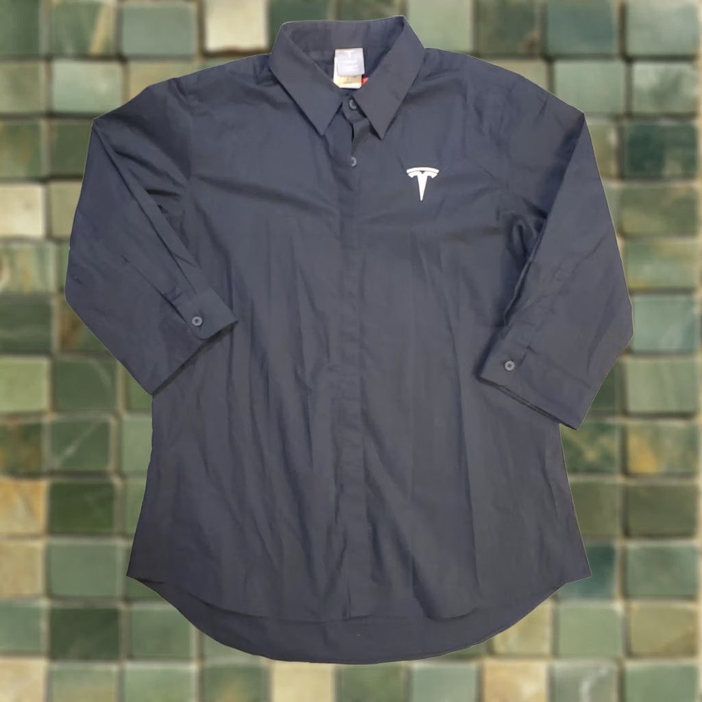 Vintage Tesla Shirt Women Dress Button-Up 3/4 Sleeve Black M Medium Slimming Cotton Blend Embroidered Tesla Logo Preppy Workwear All Seasons Size M / US 6-8 / IT 42-44 - 1 Thumbnail