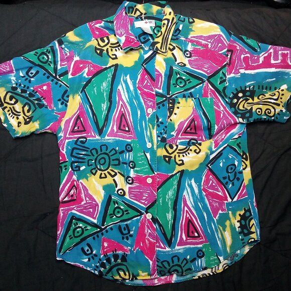 Vintage Vintage French Navy Abstract Geometric Hawaiian Shirt Size M / US 6-8 / IT 42-44 - 2 Thumbnail
