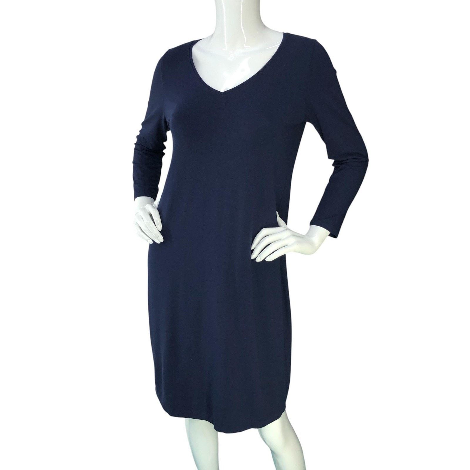 Eileen Fisher Eileen Fisher Dress S Navy Blue Long Sleeve V Neck Stretch Size S / US 4 / IT 40 - 1 Thumbnail