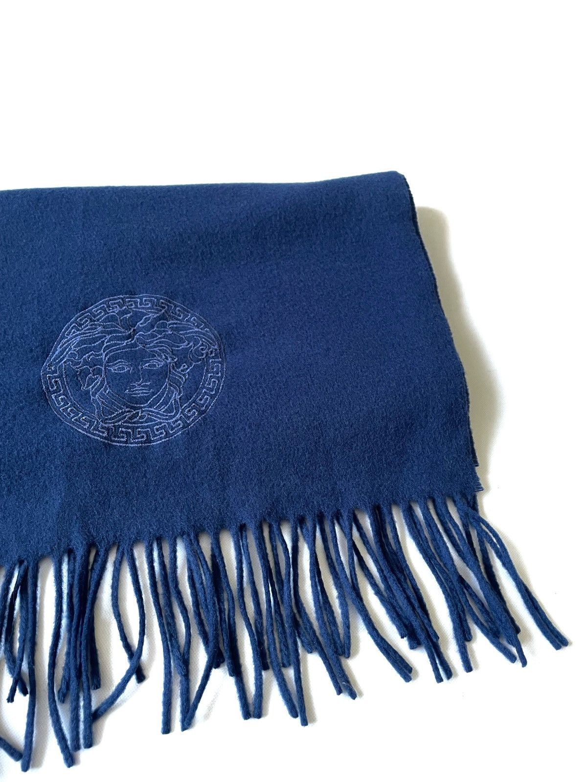 Versace Versace Blue Wool Scarf Embroidered Medusa Logo Italy 155cm Size ONE SIZE - 3 Thumbnail