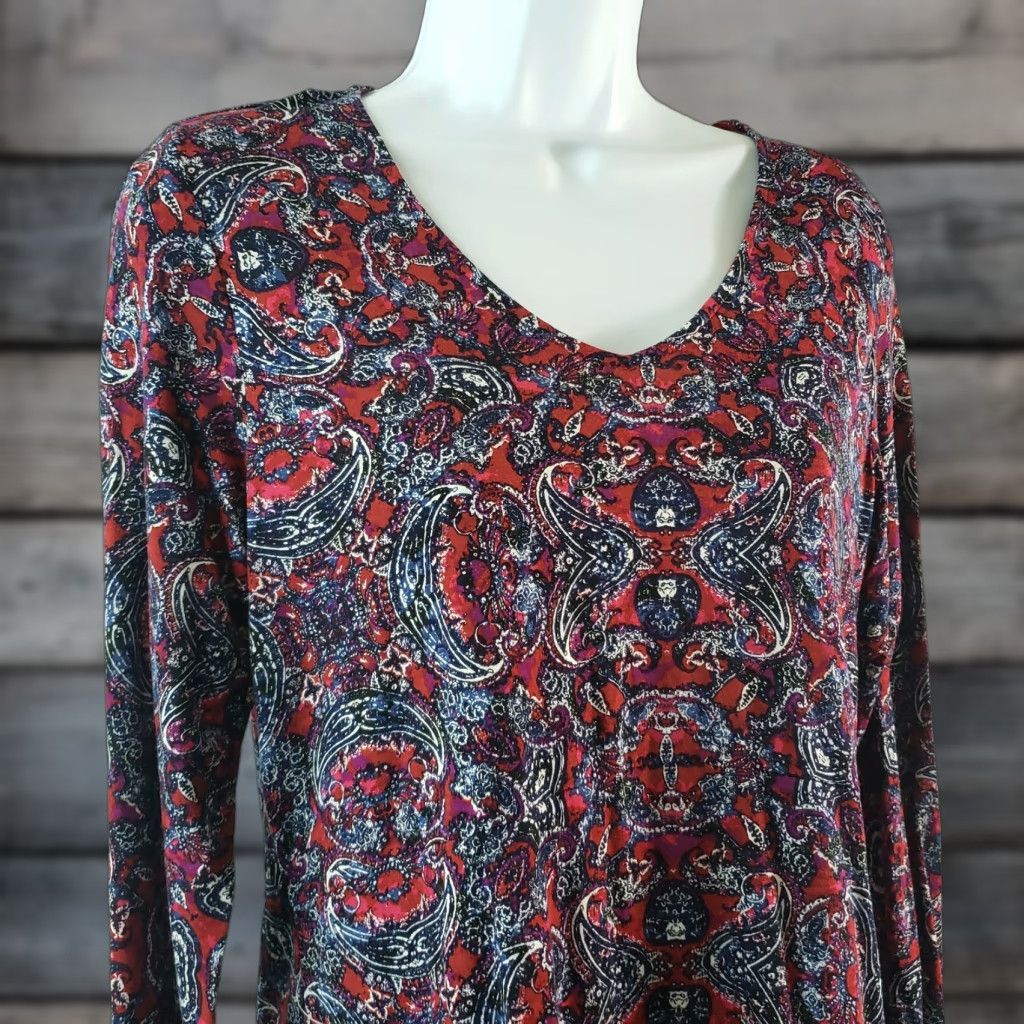 J. Jill J Jill Womens Top Shirt Long Sleeve Red Black Paisley Scoop Neck Rayon Blend Small) Size S / US 4 / IT 40 - 1 Thumbnail