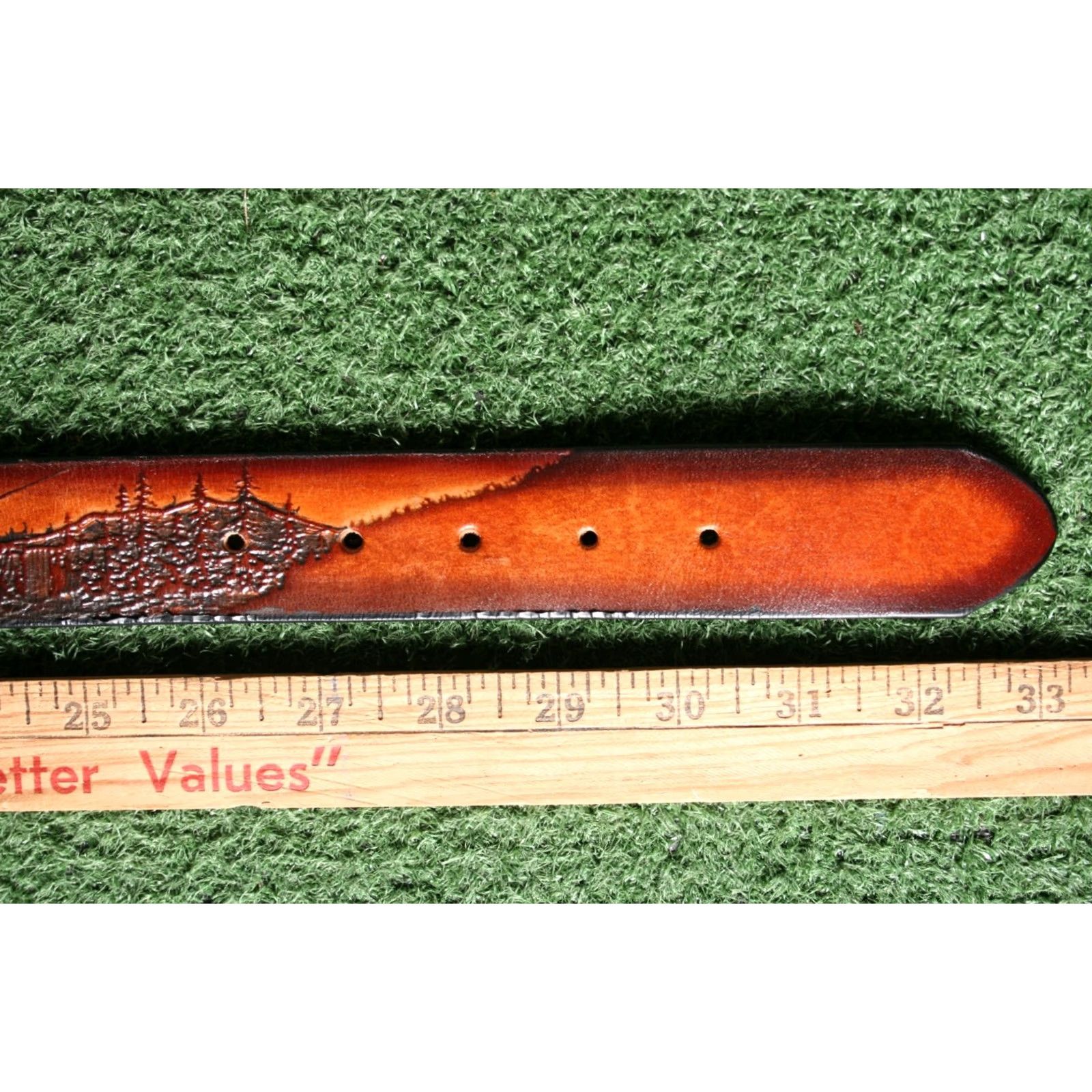 Vintage VINTAGE Leegin Eagle Leather Works British Tan Embossed Belt Sz. 28 (No Buckle) Men Leather Western Belt Size 28 British Tan Size 28 - 6 Thumbnail